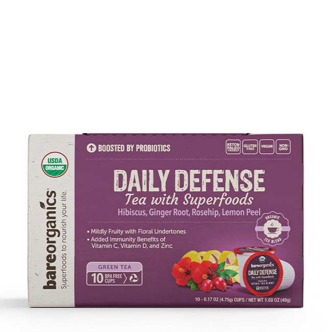 BareOrganics Daily Defense Tea - Organic Superfood & Probiotic Blend, 10 Individually Wrapped Tea Bags | Immune Support & Wellness Boost for Busy Lifestyles