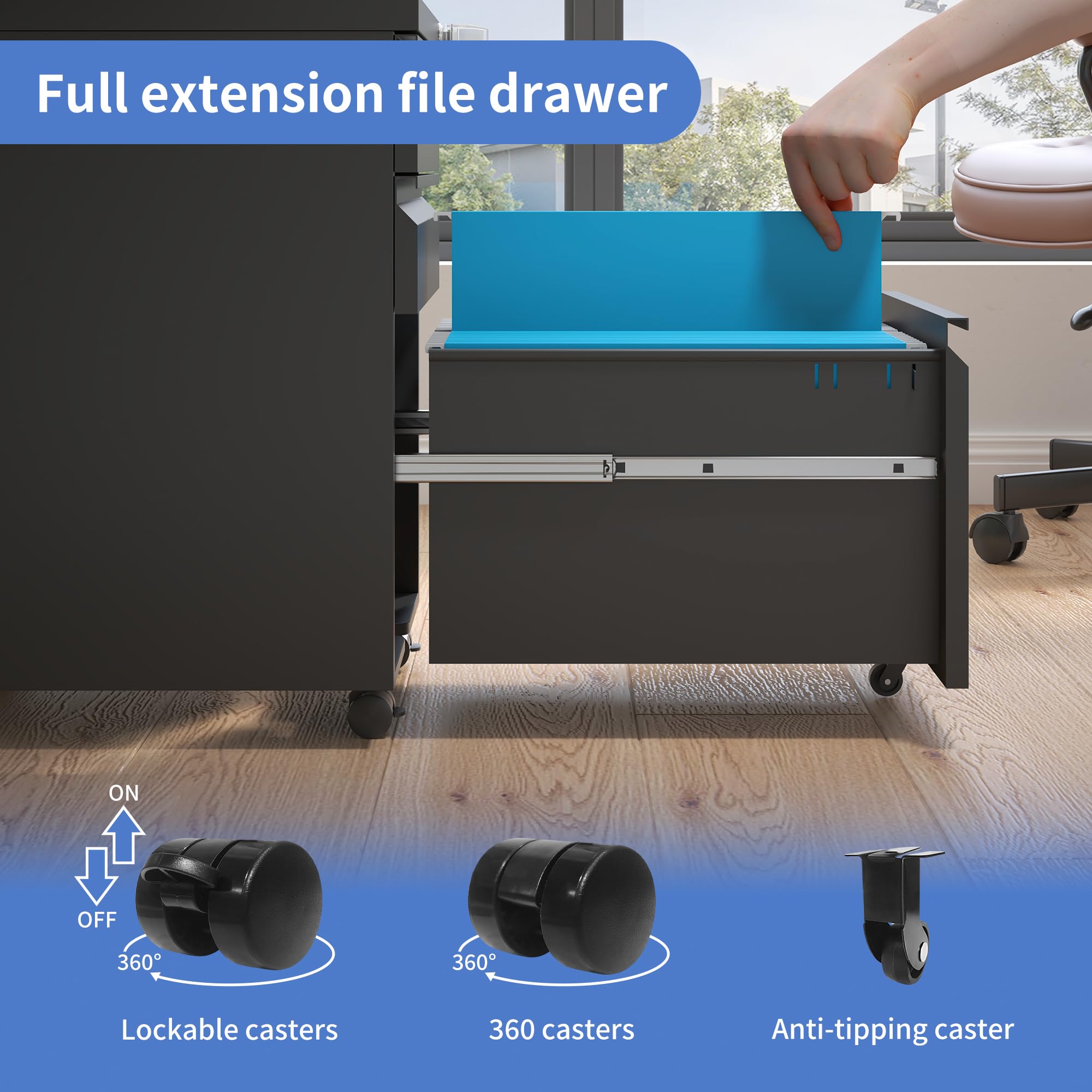 3-Drawer Locking File Cabinet with Wheels - Mobile Under Desk Storage, Fully Assembled Black Office Filing Cabinet for Home & Business Organization