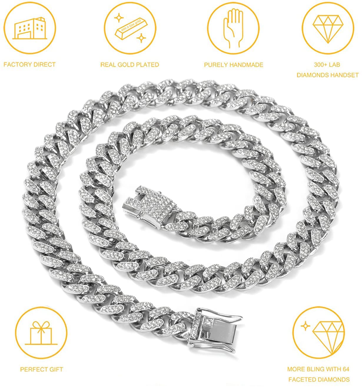 HUITIAN Cuban Link Chain for Men & Women - 14K Gold & Sterling Silver Miami Cuban Necklace with Diamond Iced-Out Bling | Hip Hop Jewelry for Parties, Gifts & Streetwear Fashion