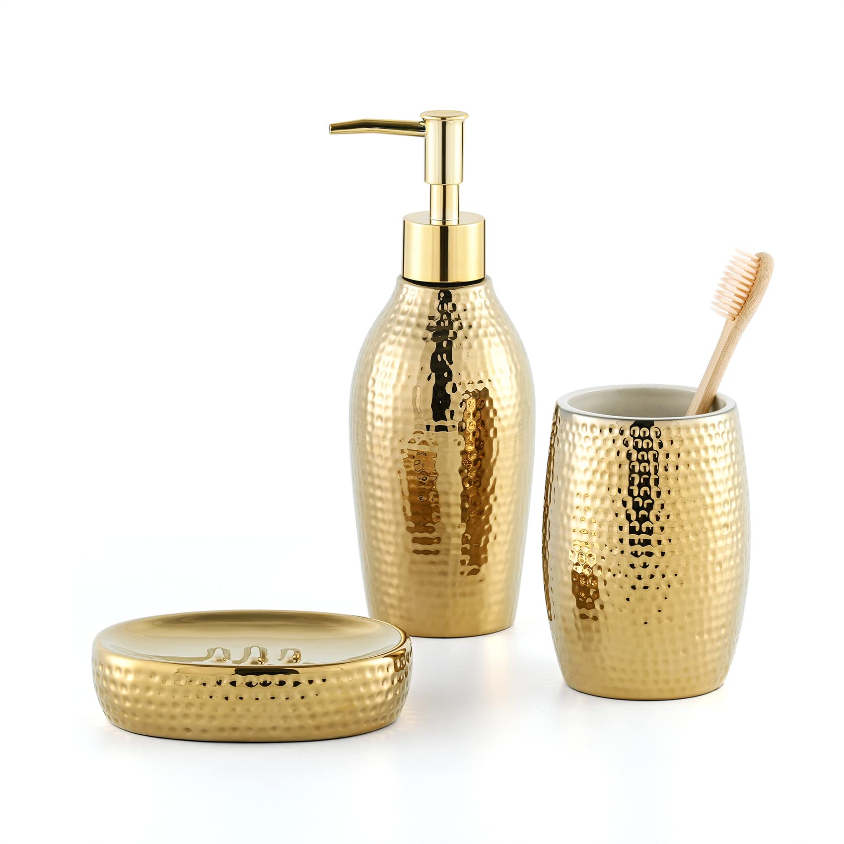 Luxury Gold Ceramic Bathroom Accessory Set - 3 Piece Decorative Soap Dispenser, Toothbrush Holder & Soap Dish for Modern Home Decor | Elegant Housewarming Gift for Bathroom, Vanity & Guest Room Organization