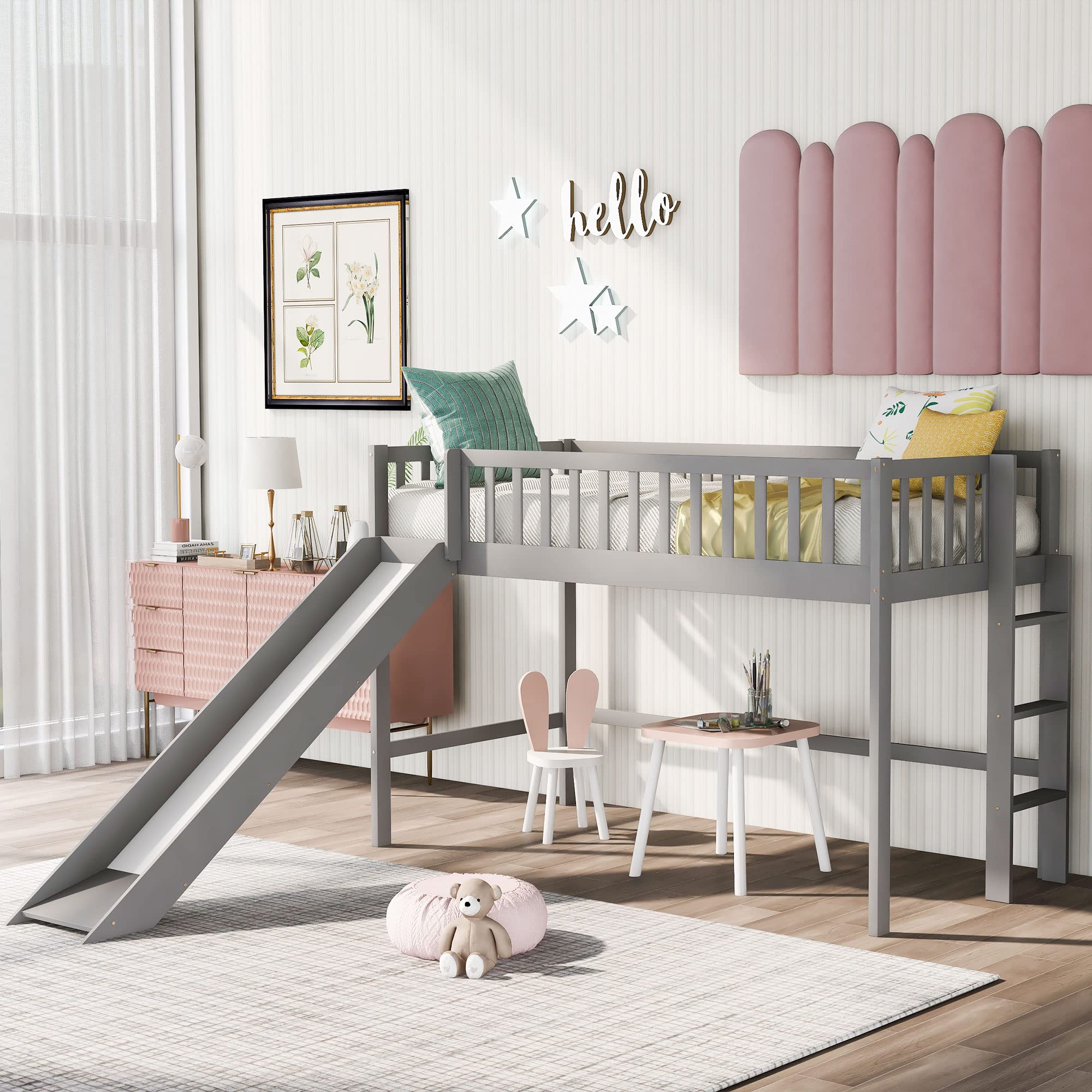 Merax Twin Loft Bed with Slide & Ladder - Solid Wood Frame for Kids' Room