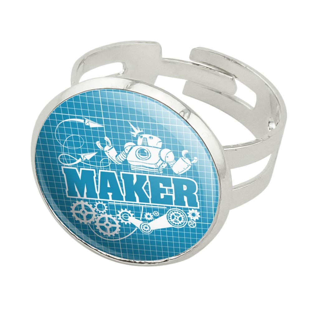 Silver Plated Adjustable Robot & Gears Novelty Ring - Unique Blueprint Design Jewelry for Men & Women | Perfect for Steampunk Cosplay, Tech Enthusiasts & Gift Giving