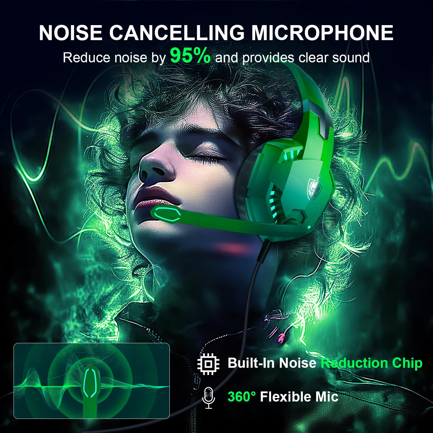 PHOINIKAS Gaming Headset with Noise Cancelling Mic - Compatible with PC, PS4, PS5, Nintendo Switch - Dazzle Green Stereo Headphones for Immersive Gaming & Online Chat