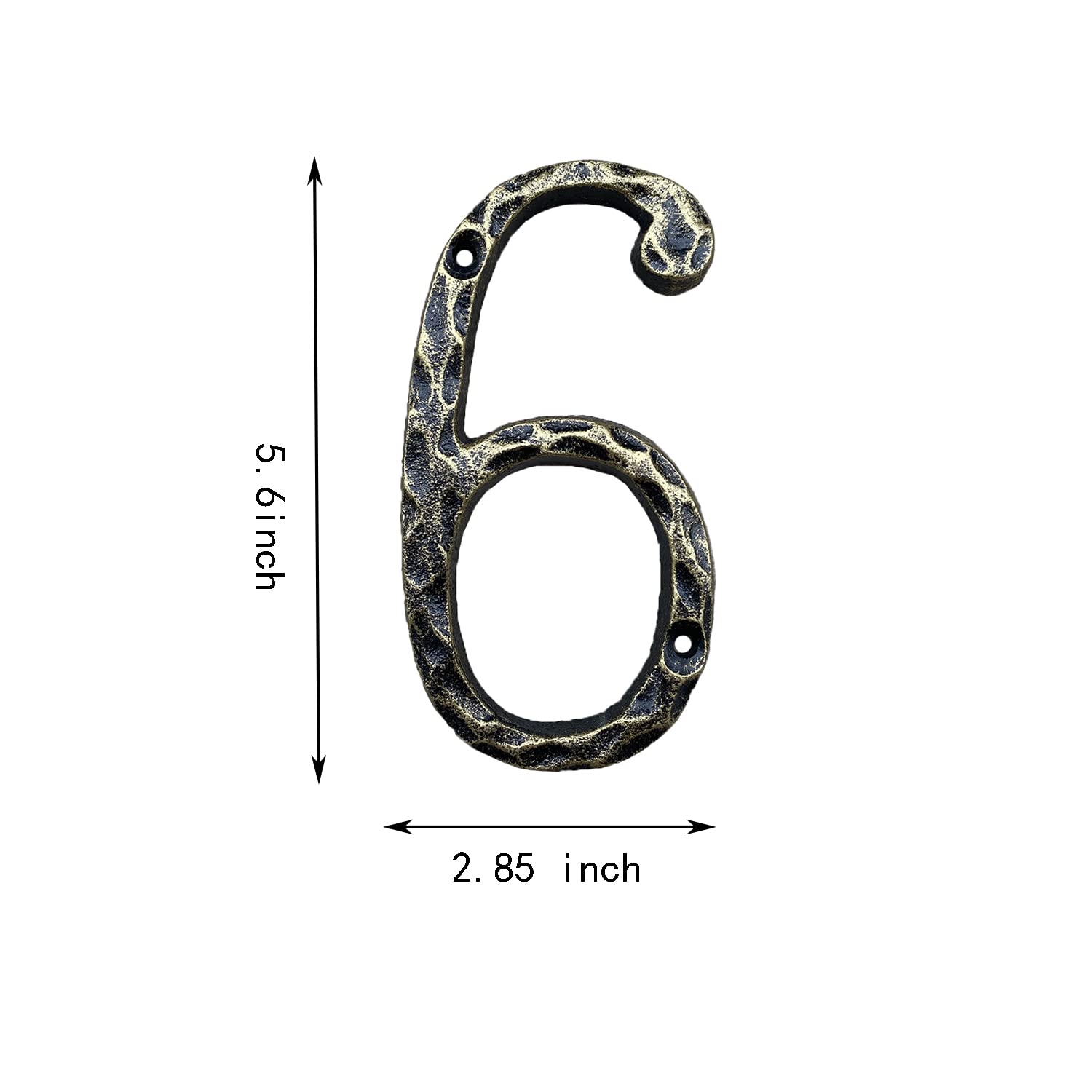 5.6 Inch Cast Iron Hammered Mailbox Numbers - Rustic Brass House Address Plaque for Front Door, Porch, or Garden (Number 6) - Weatherproof Outdoor Home Decor