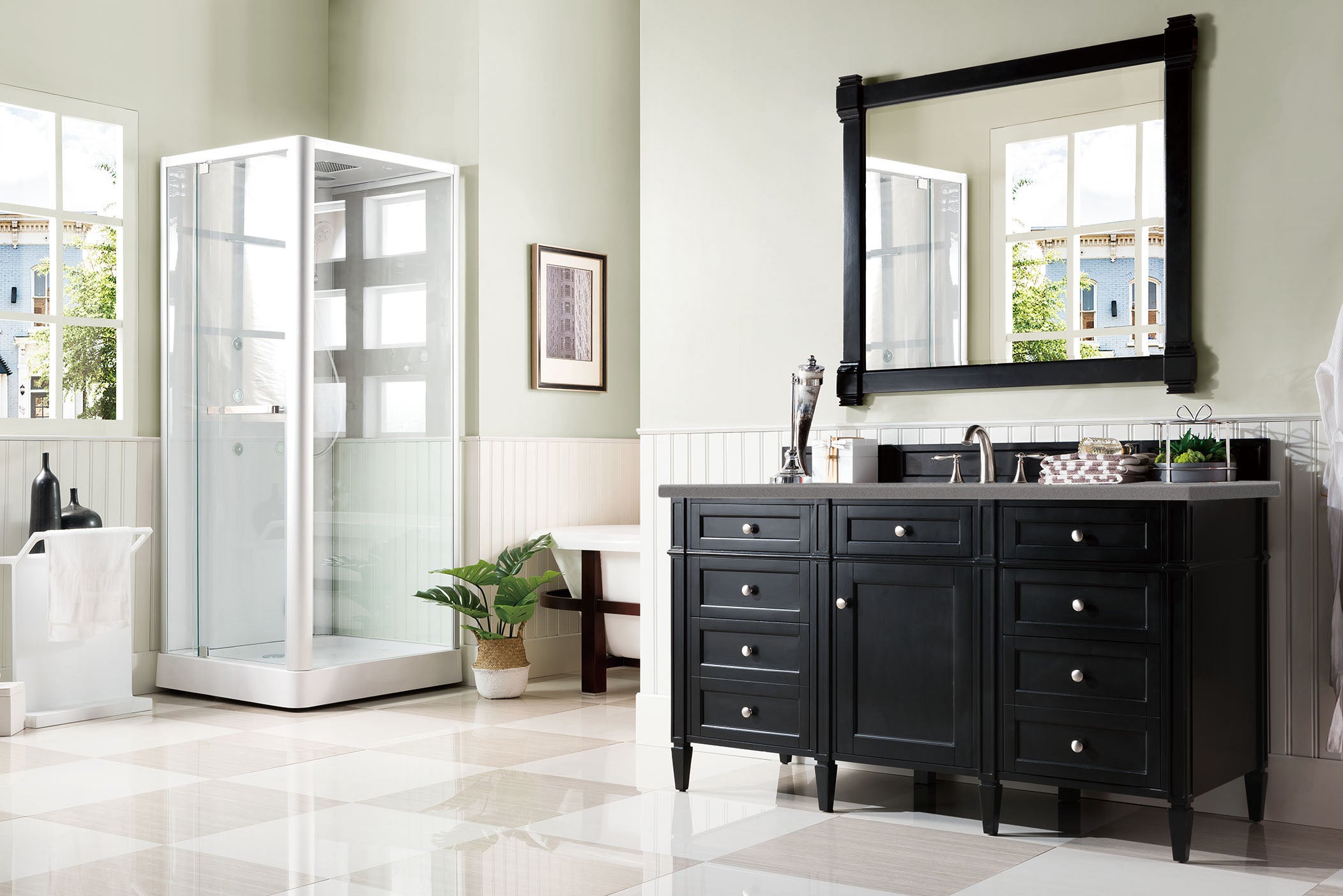 Brittany 60 Inch Single Bathroom Vanity in Black Onyx with 3CM Gray Expo Quartz Countertop - Perfect for Modern Master Bathrooms & Powder Rooms