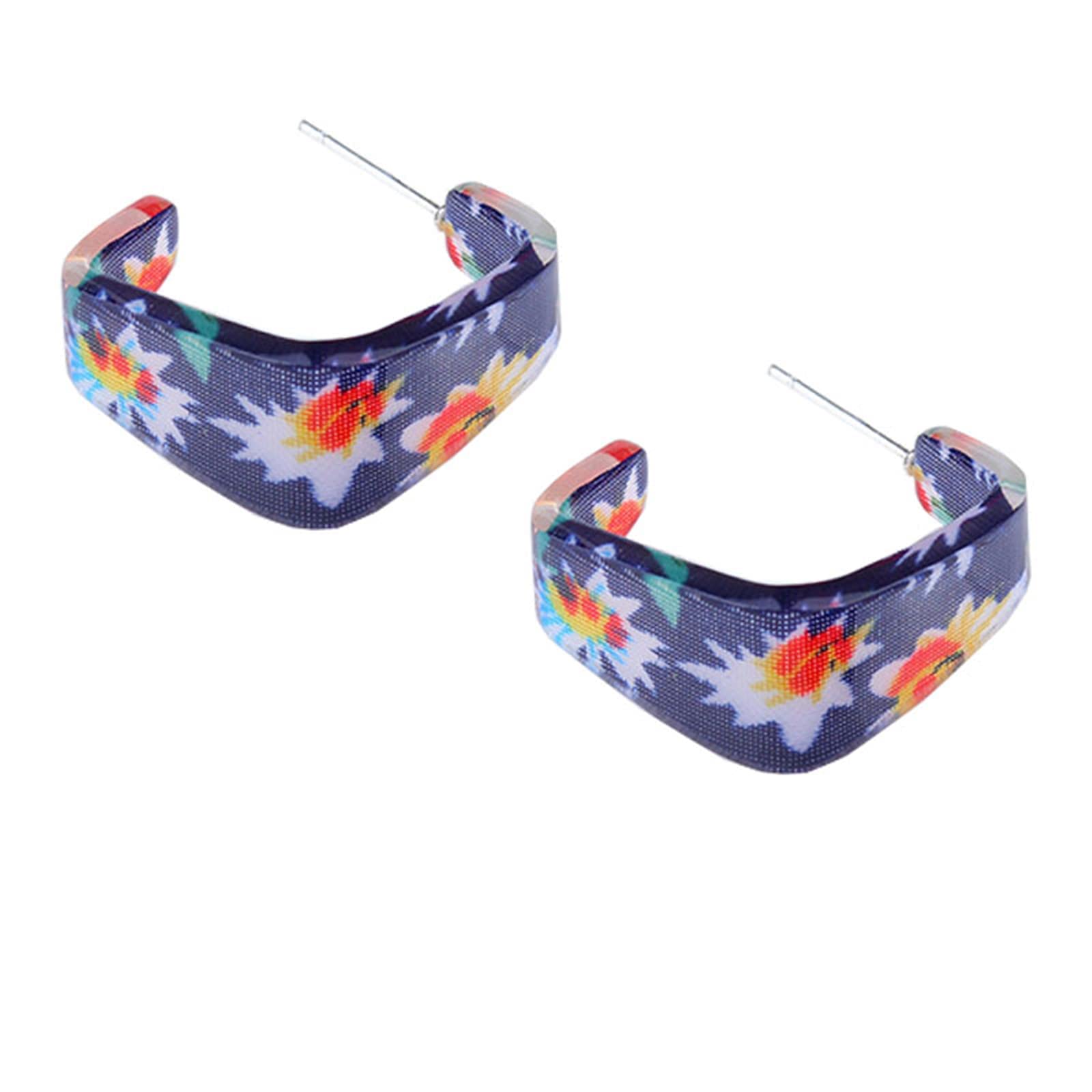 ONLYJUMP C-Shaped Acrylic Stud Earrings for Women - Vintage Floral Printed Lightweight Resin Dangle Drop Earrings - Fashion Geometric Hoop Statement Jewelry - Perfect Gift for Her | Great for Parties, Weddings & Everyday Wear