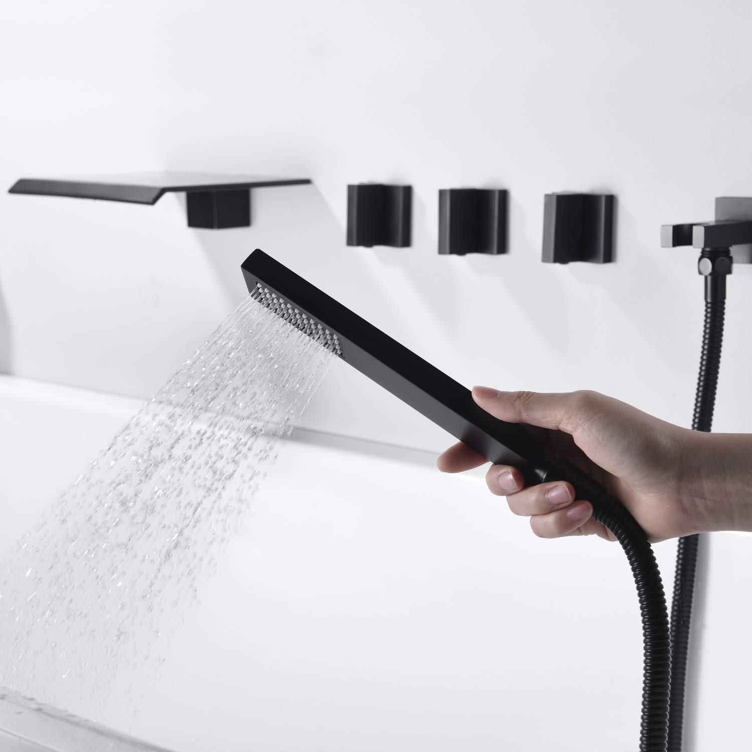 Wall Mount Waterfall Tub Filler Faucet with Hand Shower - High Flow Matte Black Bathtub Faucet for Modern Bathroom | SUMERAIN | Perfect for Spa-Like Relaxation & Luxury Bath Experience