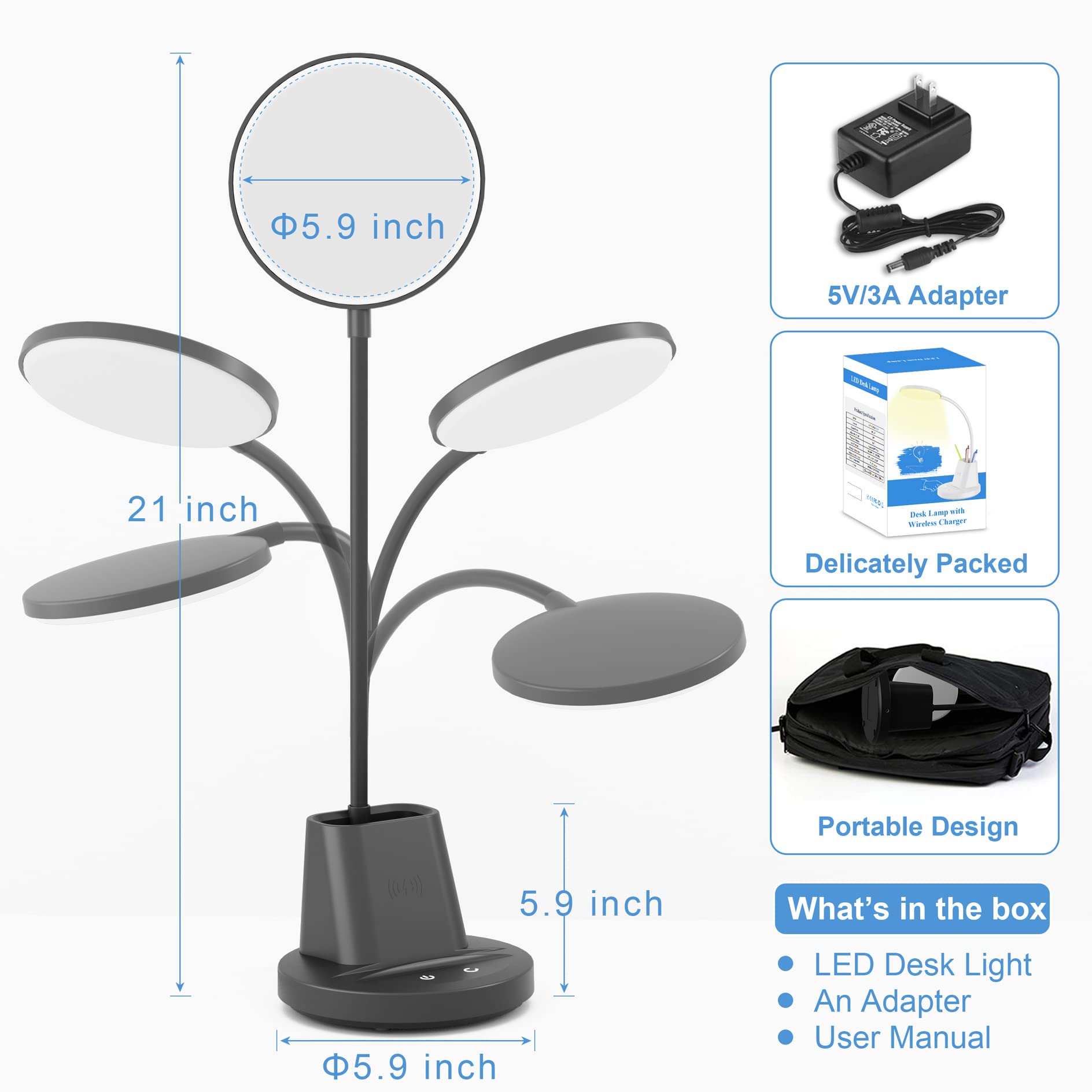 Sailstar LED Desk Lamp with Wireless Charger & Pen Holder - 800 Lumens, 3 Modes Dimmable Gooseneck Touch Light for Home Office, College Dorm Room - Perfect for Studying, Reading & Nightstand Use (Black)