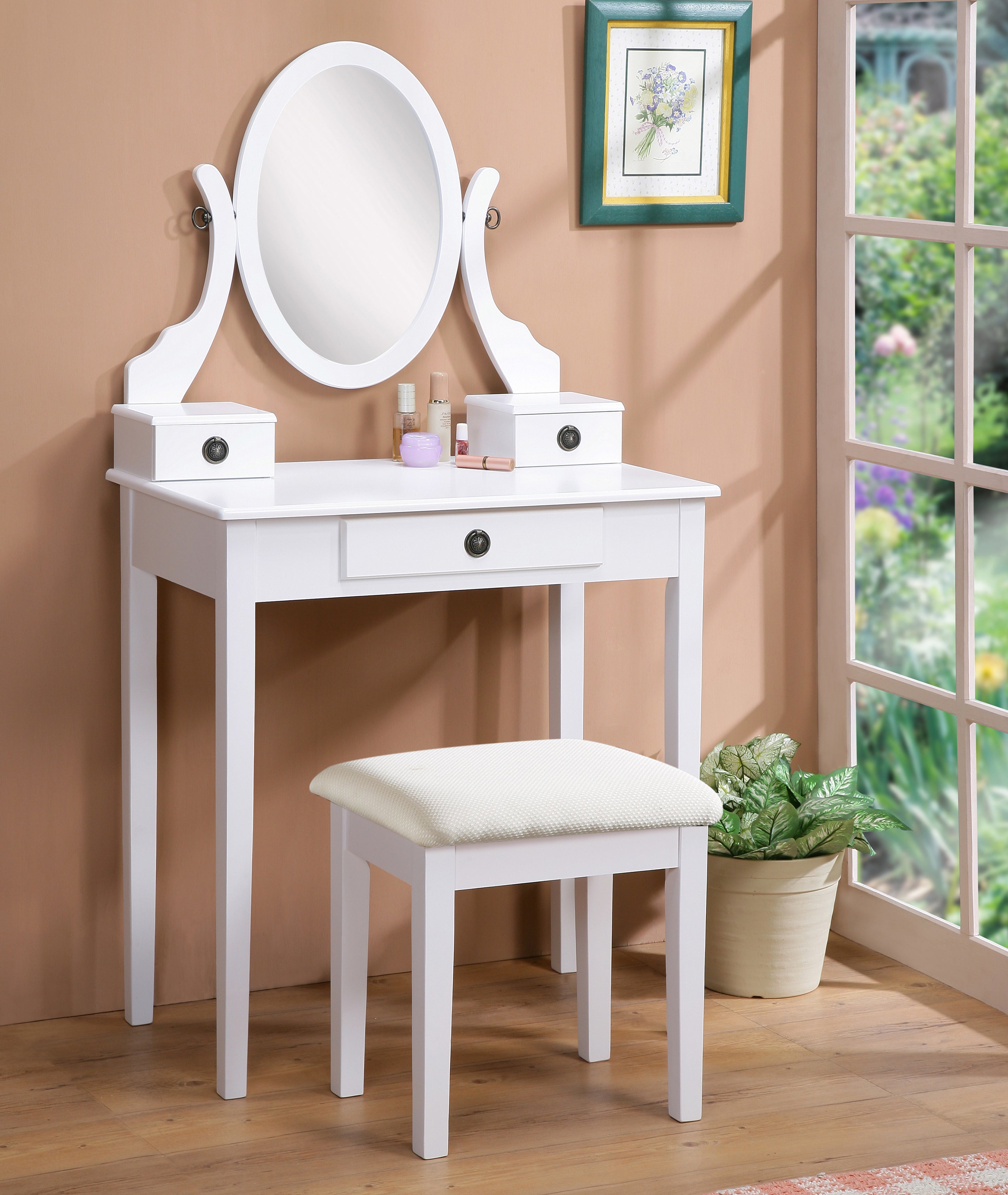 Roundhill Furniture Moniya Wood Makeup Vanity Table with Stool Set - Elegant Dressing Table for Bedroom, Bathroom & Salon Use