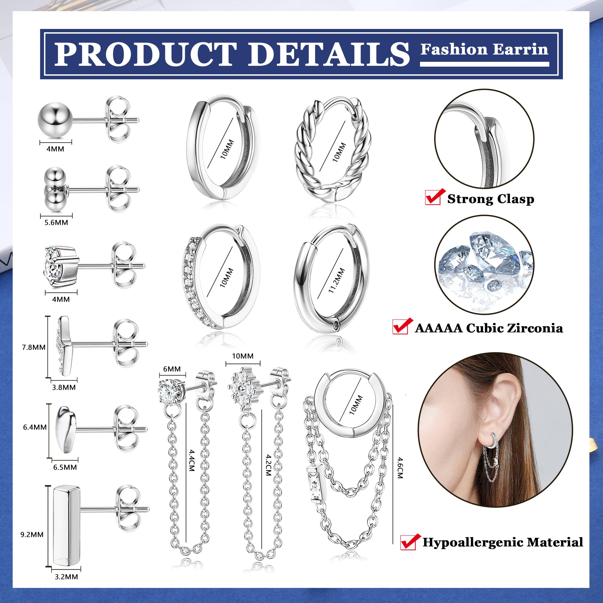 JeweBella 13 Pairs Small Hypoallergenic Earrings Set for Women - Surgical Steel Hoop, Dangle, Stud & Cartilage Earrings with Heart Zirconia in Silver/Gold | Perfect for Daily Wear, Gifts & Special Occasions