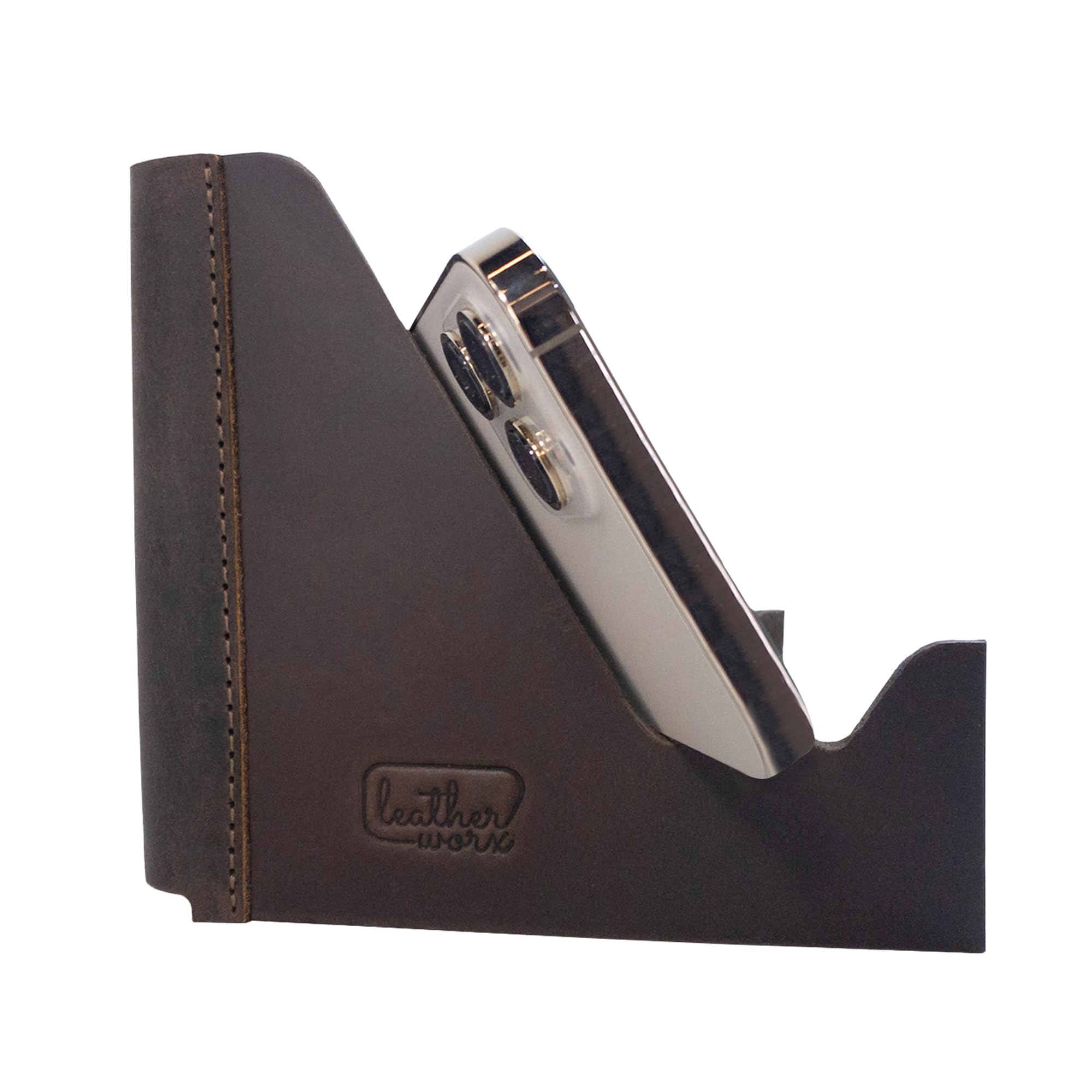 Handmade Full Grain Leather Rustic Cell Phone Stand for Desk - Foldable Desktop Phone Holder, Bourbon Brown - Perfect for Office, Home & Travel Use