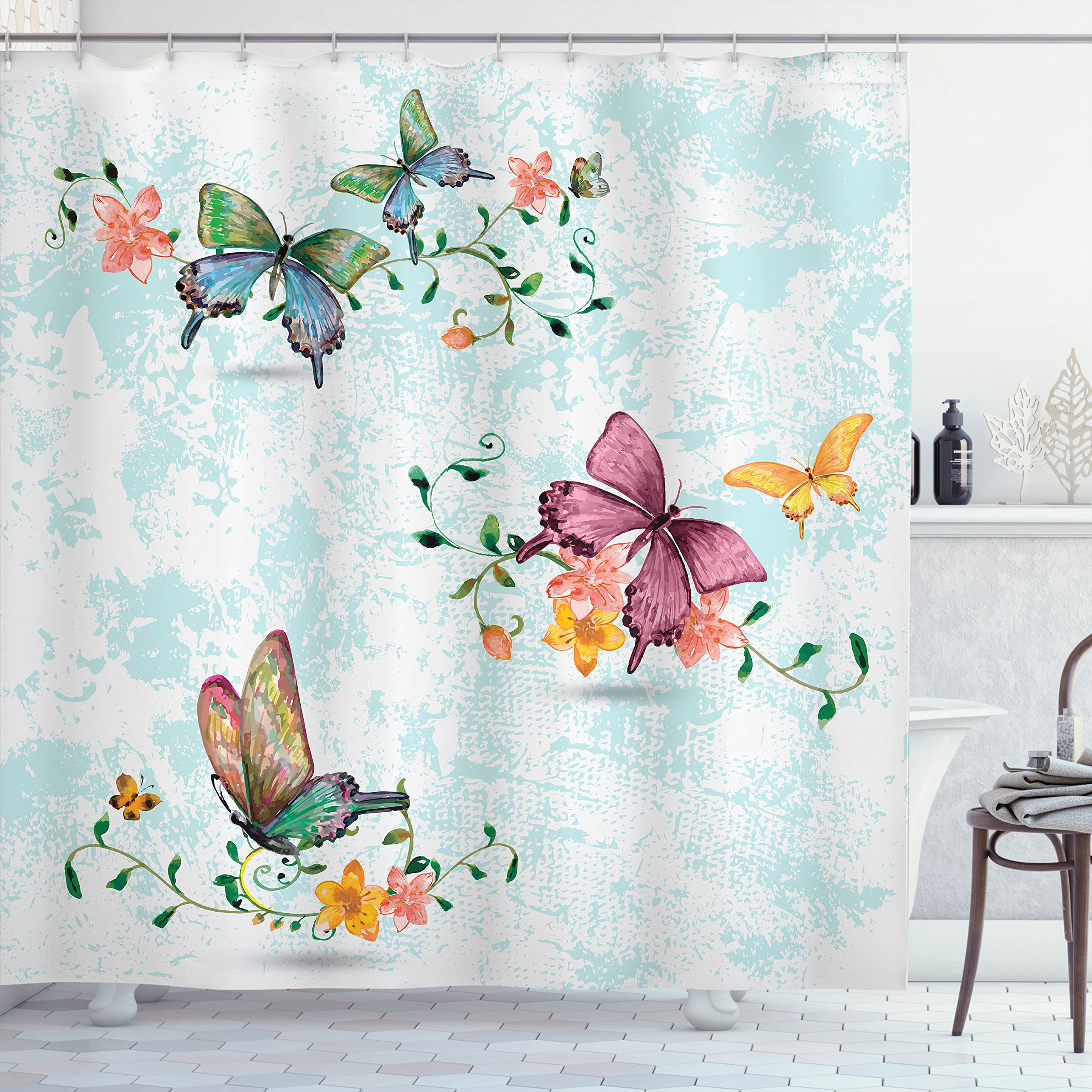 Ambesonne Vintage Butterfly Shower Curtain - Spring Moths on Floral Background, 69