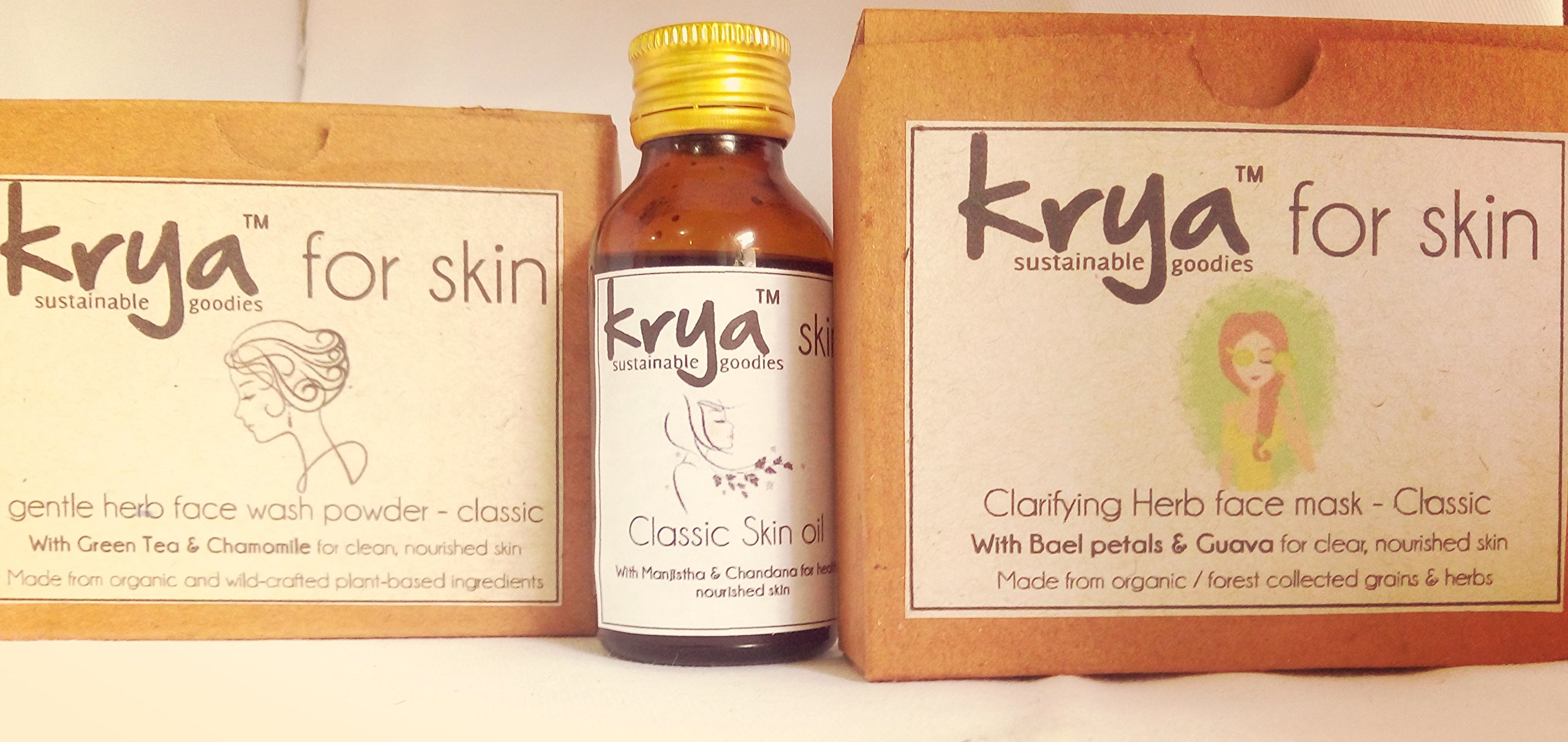 Krya Classic Ayurvedic Skin Care Bundle - Herbal Face Wash Powder, Facial Oil & Mask for Open Pores, Blemishes & Oily Skin | 100% Natural, Chemical-Free | Perfect for Daily Cleansing, Deep Hydration & Skin Rejuvenation