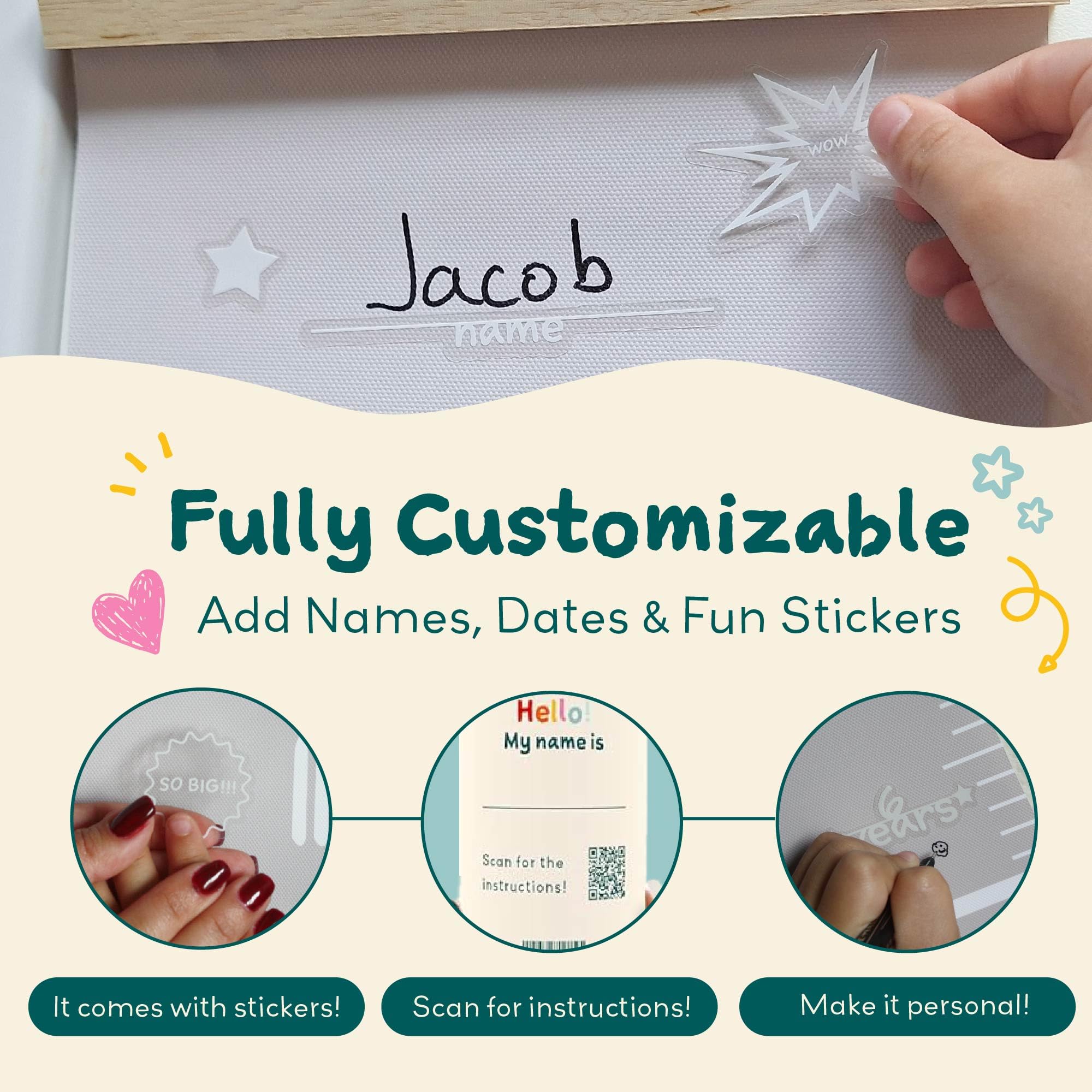 Personalized Kids Growth Chart Wall Decal - Custom Canvas Height Measurement for Children & Toddlers with Removable Stickers - Perfect for Nursery, Bedroom, and Playroom Decor