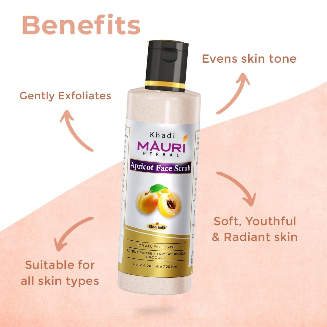 Khadi Mauri Herbal Apricot Face Scrub - Natural Exfoliator for Dead Skin Removal & Skin Revitalization (210ml) | Gentle Cleansing for Glowing Skin - Perfect for Daily Skincare Routine & Spa Treatments
