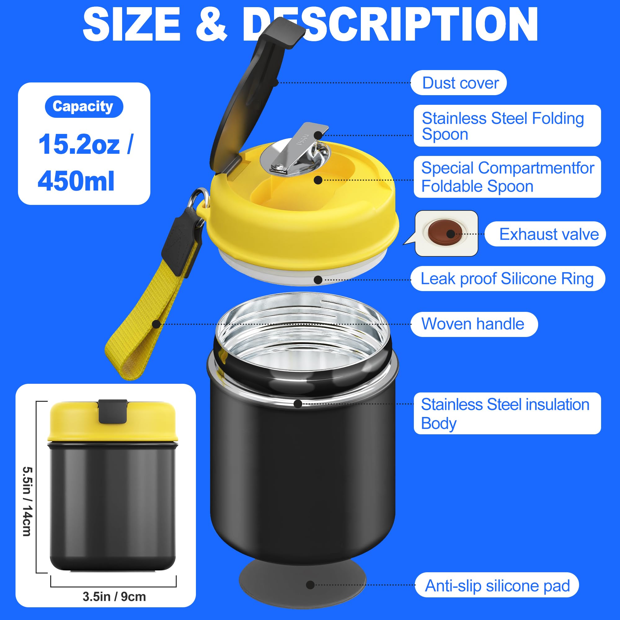15.8oz Insulated Stainless Steel Food Thermos for Kids & Adults - Leak Proof Hot Cold Soup Container with Spoon, Wide Mouth Lunch Box for School, Office, Camping, Hiking, Travel (Black)