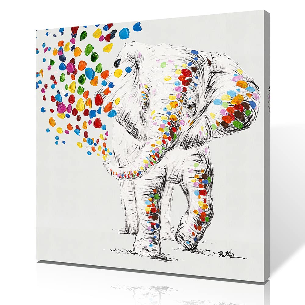 Cute Happy Elephant Canvas Wall Art - Water Spraying Elephant Print for Kids Room & Bathroom Decor - Framed Ready to Hang Poster (20