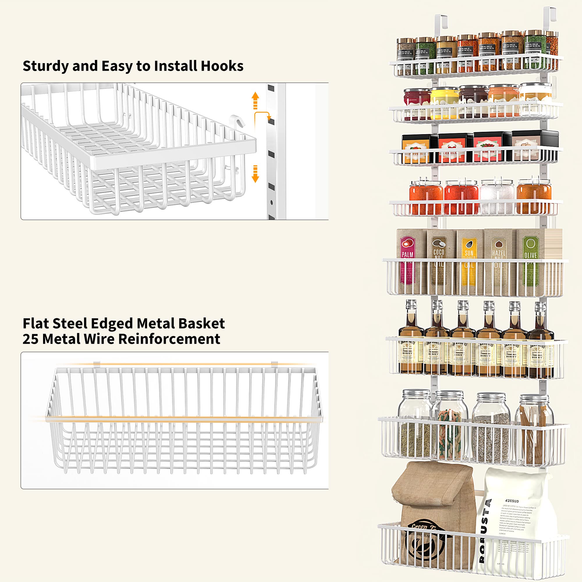 Moforoco White Over The Door Pantry Organizer - Metal Hanging Spice Rack Shelves for Kitchen & Laundry Room Storage - Space Saving Door Mounted Seasoning Shelves - Perfect for Pantry Organization & House Essentials - Ideal for Small Kitchens, Apartments, and Closet Storage