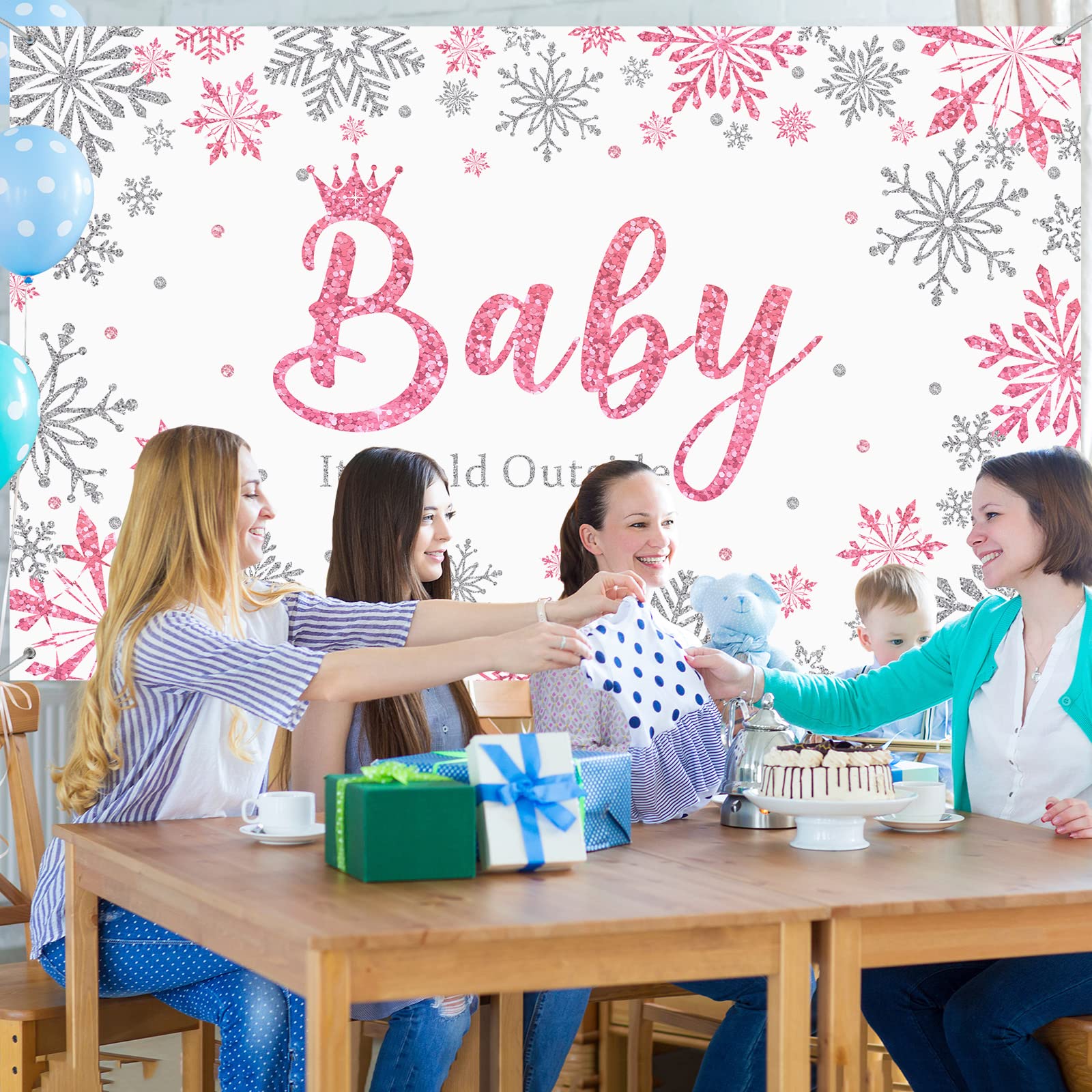 Tegeme Winter Wonderland Photography Backdrop - 5.9x3.6ft Pink Snowflakes Baby Shower Decor for Girls Birthday Party, Baby It's Cold Outside Theme - Perfect for Winter Baby Showers, Newborn Photos & Holiday Celebrations