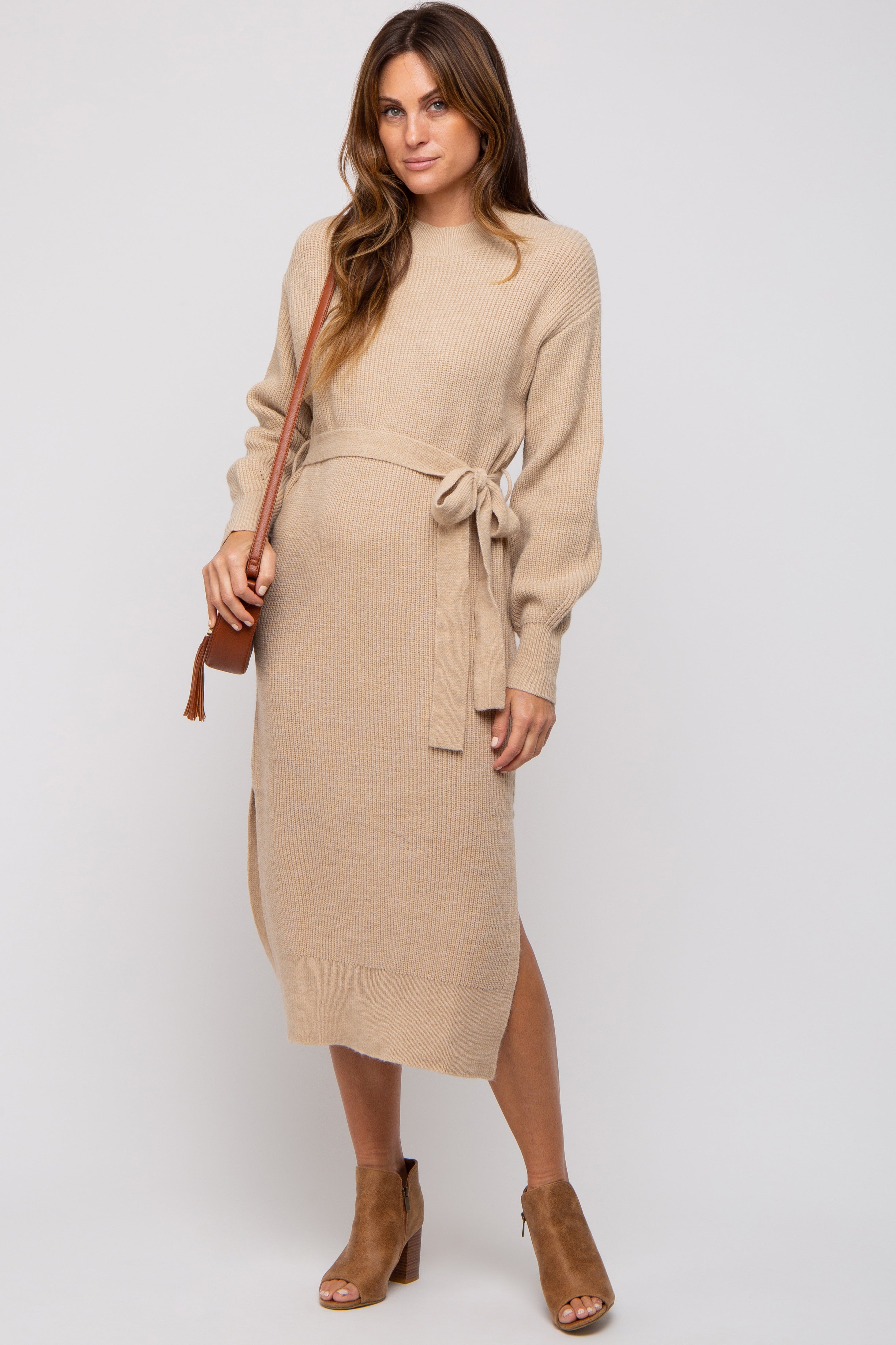 Beige Side Slit Sweater Midi Dress for Women - Soft Knit Casual Long Sleeve Tunic Dress for Fall & Winter - Perfect for Office, Date Night, and Holiday Parties