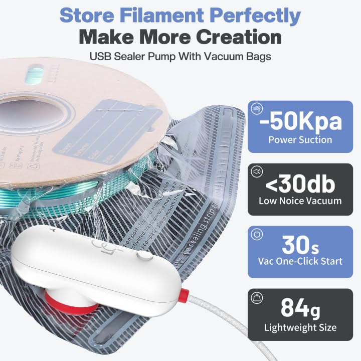20 Pack Light-Proof Vacuum Sealed Bags with USB Pump for 3D Printer Filament Storage - 12.6 x 13.38 Inch Spool Sealing Bags to Keep Filaments Dry & Clean - Perfect for PLA, ABS, PETG Filament Organization & Long-Term Storage