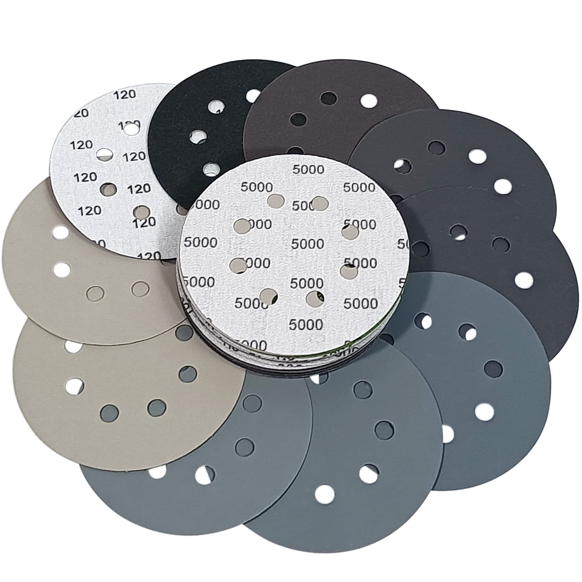 30 PCS 5 Inch 8 Hole Sanding Discs #120-#5000 Grit (120/240/400/800/1000/1500/2000/2500/3000/5000) for Random Orbital Sander & Grinder - Perfect for Woodworking, Metal Polishing & Auto Body Sanding