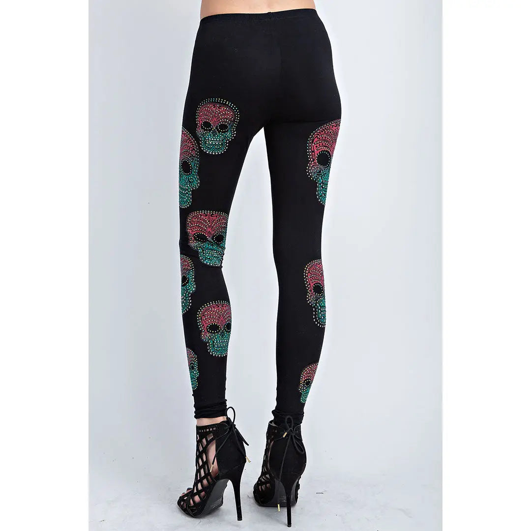 Vocal Women's Sugar Skull Leggings - Gothic Halloween Yoga Pants for Women, Day of the Dead Print Tights - Perfect for Costume Parties, Workouts & Festive Occasions