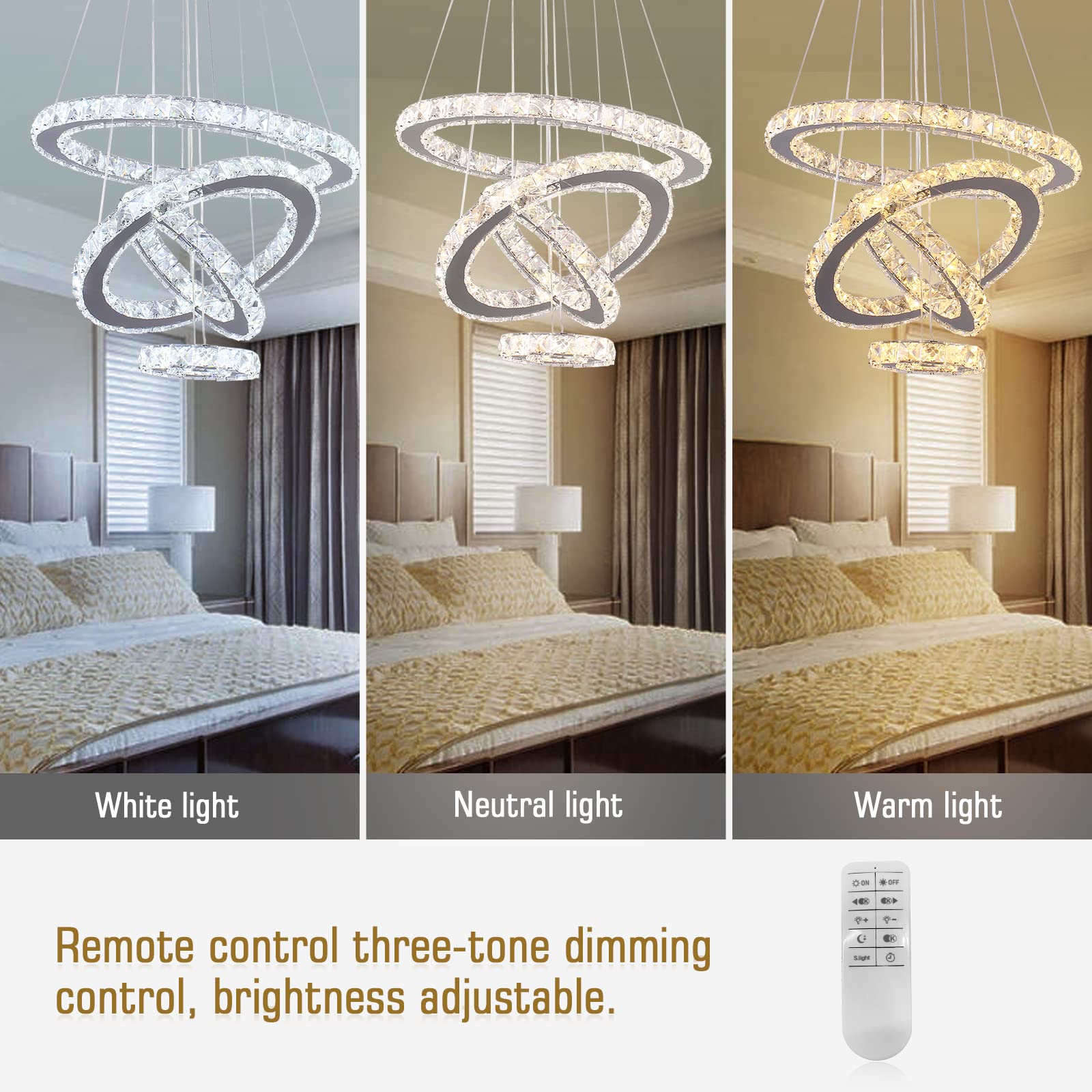 Modern LED Crystal Chandelier - Adjustable Stainless Steel Pendant Light Fixture with Dimmable Rings for Living Room, Dining Room, Bedroom | Elegant Home Lighting for Parties, Weddings & Luxury Interior Decor
