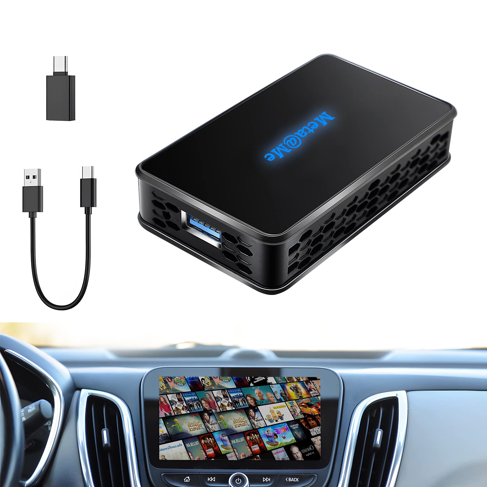 Meta@Me Wireless CarPlay & Android Auto Adapter - AI-Powered USB Dongle for Netflix, YouTube, GPS Navigation | Seamless Mirroring for Factory Wired Cars | Perfect for Road Trips, Commuting & In-Car Entertainment
