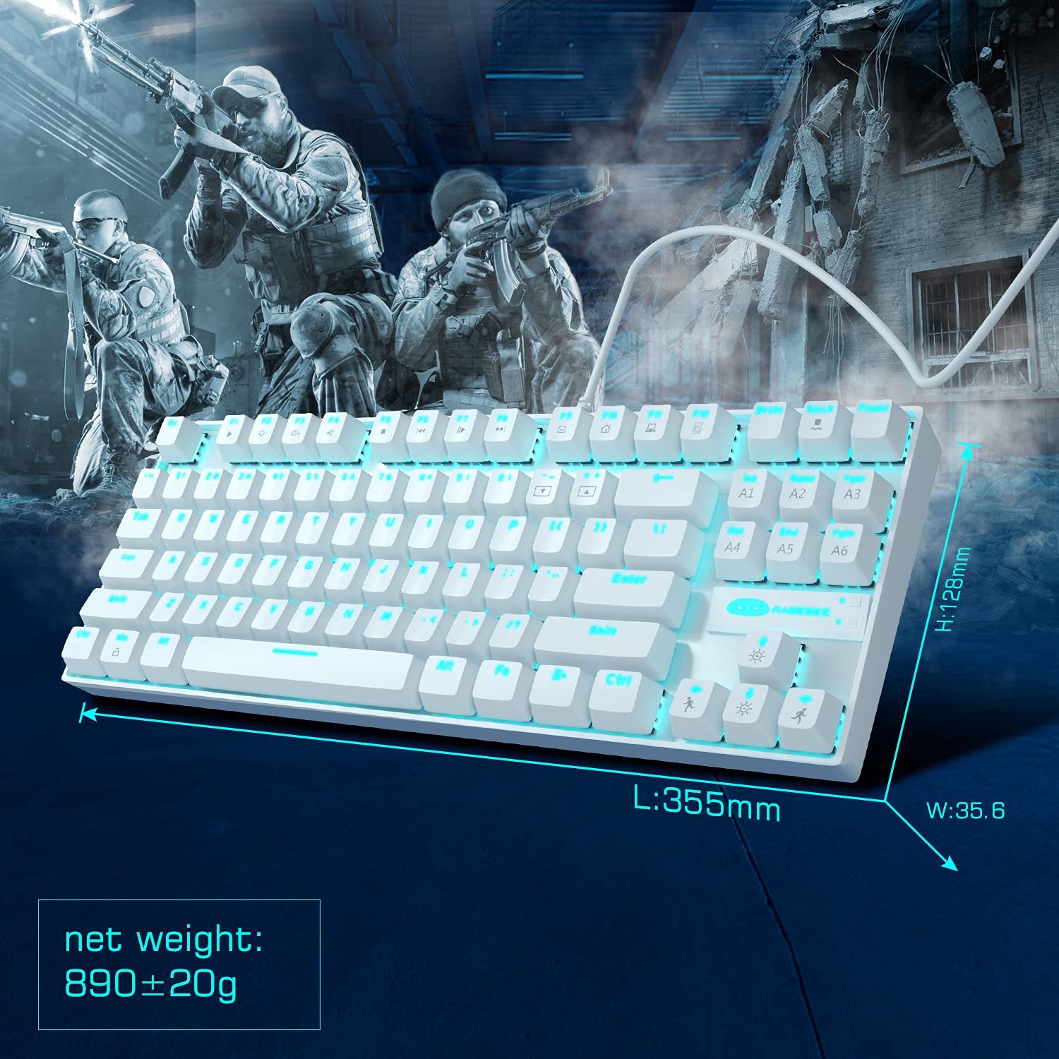 MageGee MK-Star White Mechanical Gaming Keyboard - 87 Key TKL Compact Wired Keyboard with Blue Switches & LED Backlit for Windows PC/Laptop - Perfect for Gaming, Typing, and Office Work