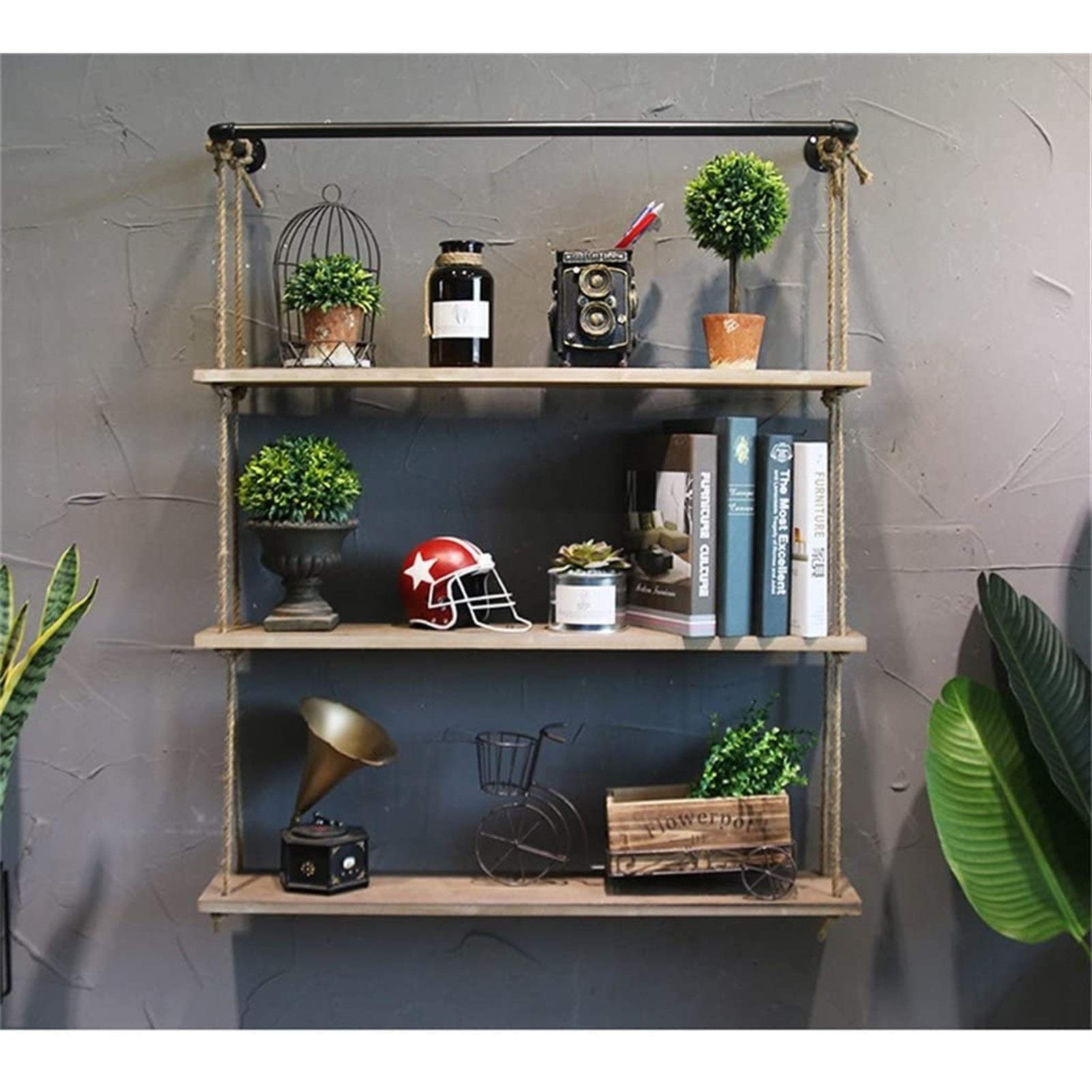 Rustic Floating Shelves with Jute Rope - 3-Tier Wall Mounted Hanging Shelf (80×20×90cm) - Wooden Swing Shelf for Home Storage & Organization - Perfect for Living Room, Bedroom, Kitchen Decor & Display