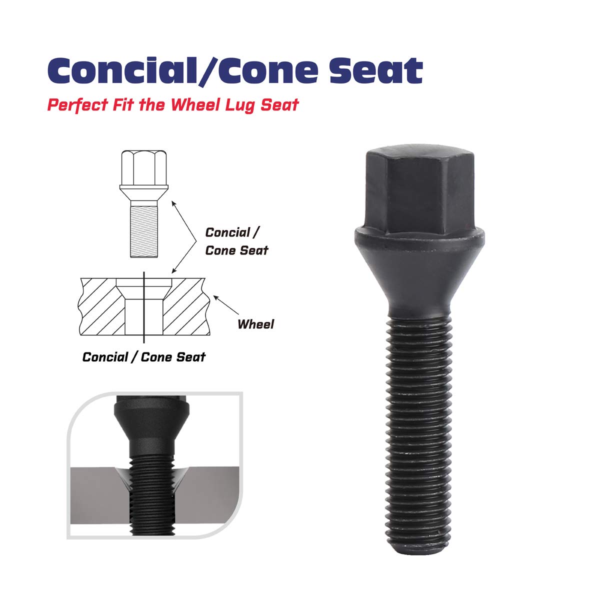 12x1.5mm Tuner Lug Bolts - KSP Conical Seat 45mm Shank for Aftermarket Wheels (5PCS Black) - Secure Wheel Fitment