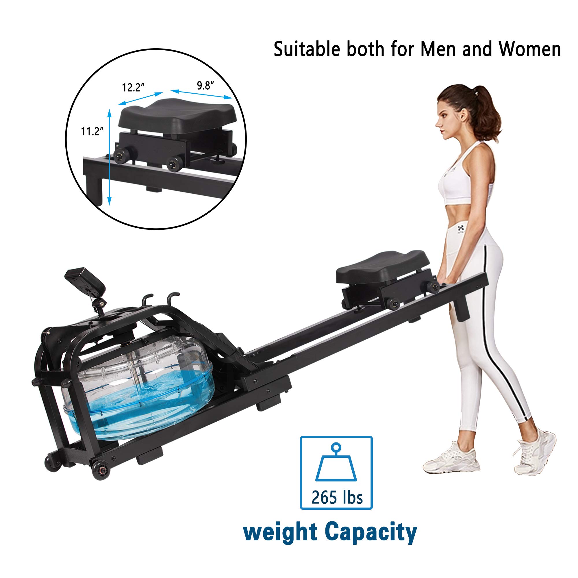 LUCKYERMORE Water Rowing Machine with LCD Monitor - 265 Lbs Weight Capacity, Adjustable & Space-Saving Indoor Rower for Home Gym, Double Track System, Mobile Wheels (Black) - Perfect for Full-Body Workout, Cardio Training & Small Spaces