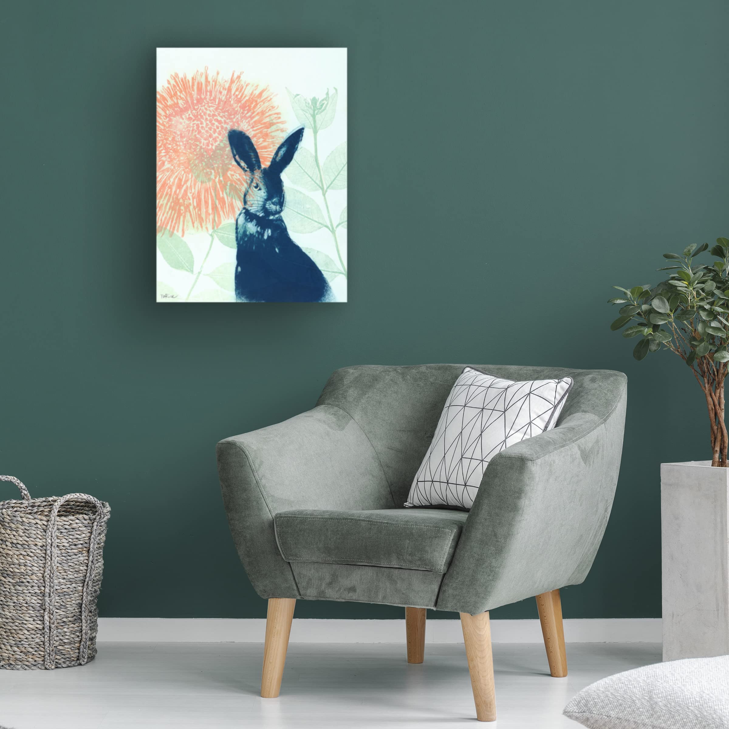 Trademark Fine Art 'Pink Waratah and Blue Rabbit' Canvas Wall Art by Trudy Rice - Floral and Animal Painting for Living Room, Bedroom, and Office Decor