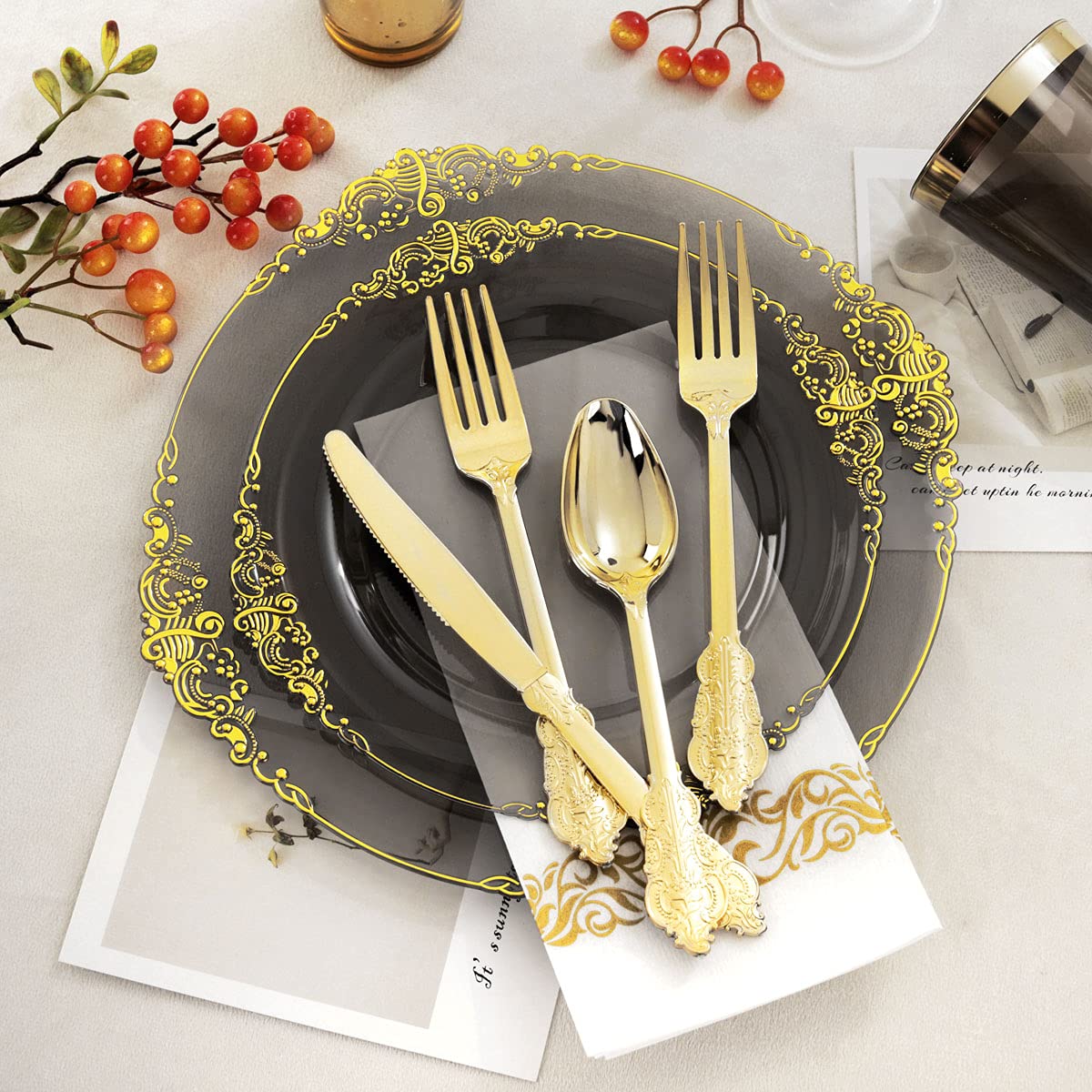 Nervure 175-Piece Black & Gold Plastic Dinnerware Set for 25 Guests - Disposable Plates, Cups, Forks, Knives, Spoons & Napkins - Elegant Party Supplies for Weddings, Birthdays & Events