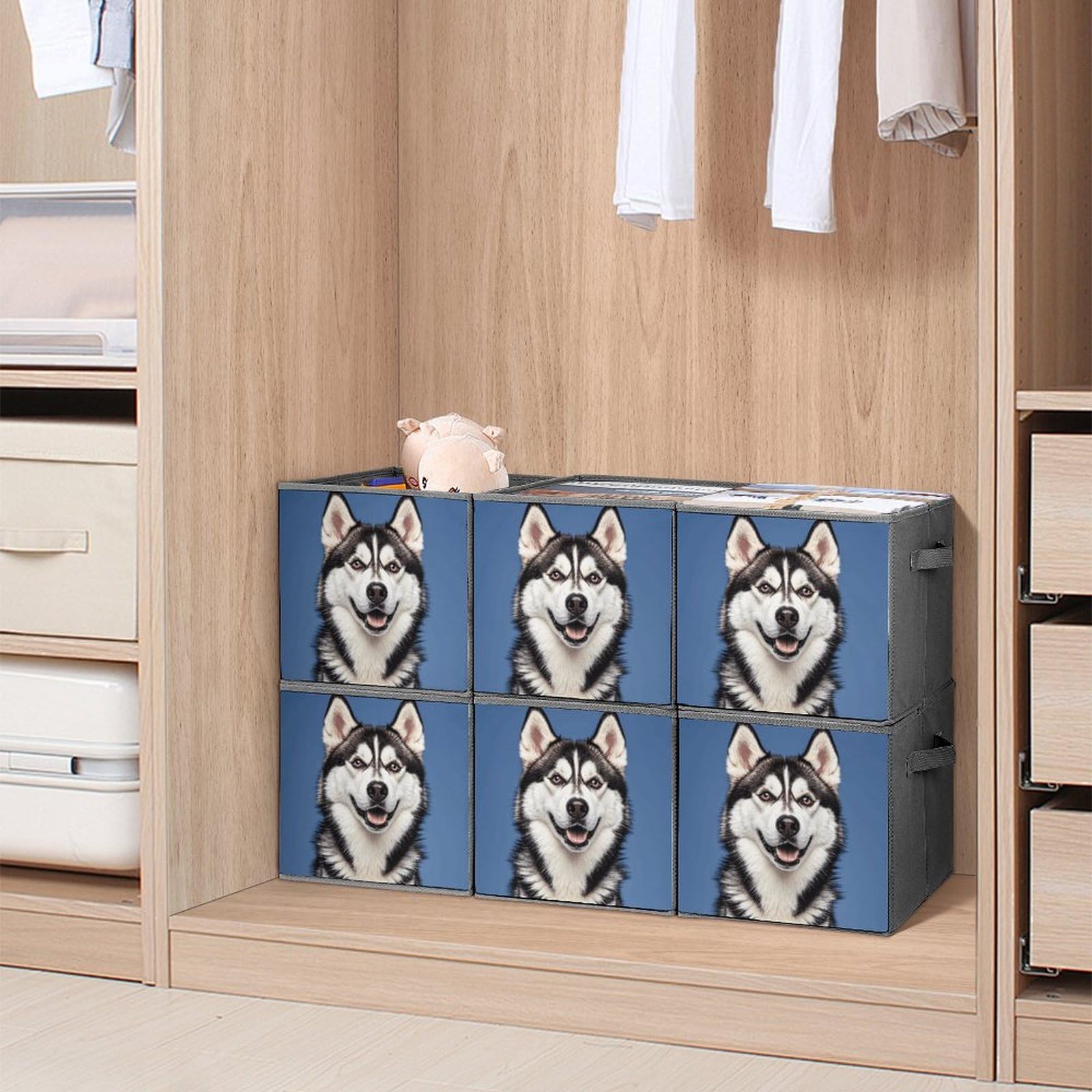 6PCS Collapsible Storage Bins with Handles - Husky Dog Pattern Foldable Organizing Boxes for Home, Closet, Shelves & Office | Space-Saving Multi-Purpose Storage Containers for Toys, Clothes & Household Items