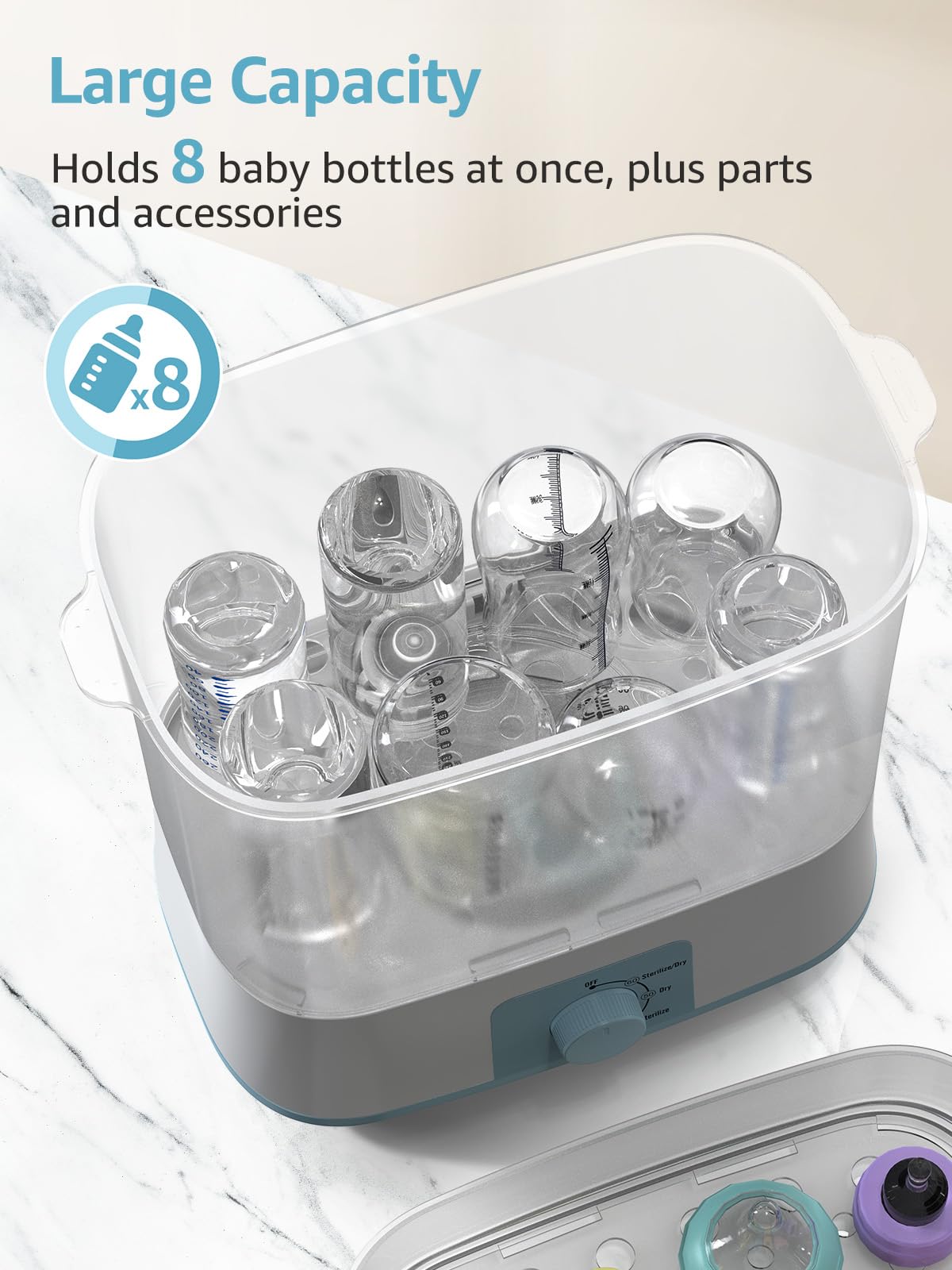 GROWNSY Electric Baby Bottle Sterilizer and Dryer - Steam Sanitizer for Bottles, Pacifiers & Breast Pump Parts (Blue) | Perfect for Nursery, Travel & Daily Baby Care