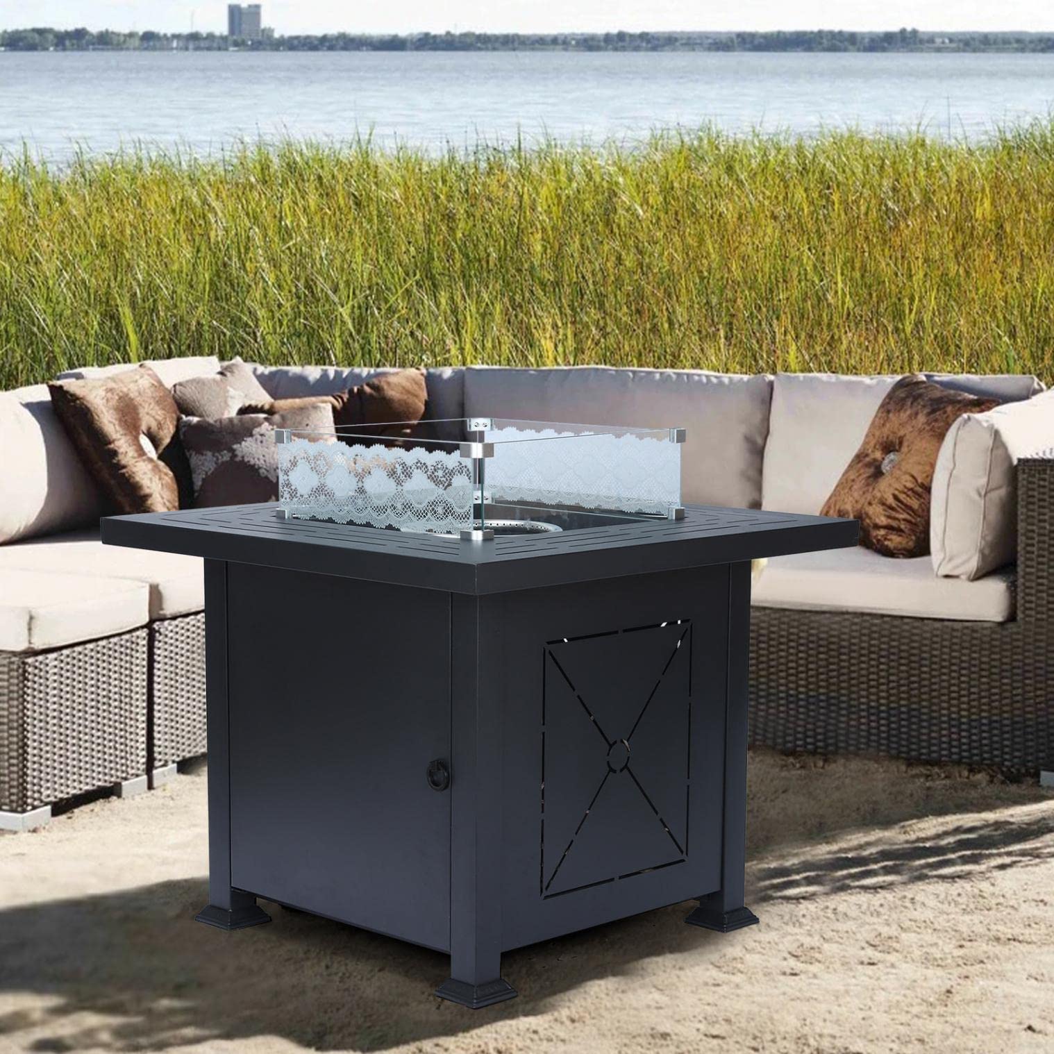 Sanamity 32-inch Outdoor Propane Patio Heater with Fire-Resistant Windshield & Side Table - Portable Backyard Heating Solution for Deck, Garden, Poolside & Camping