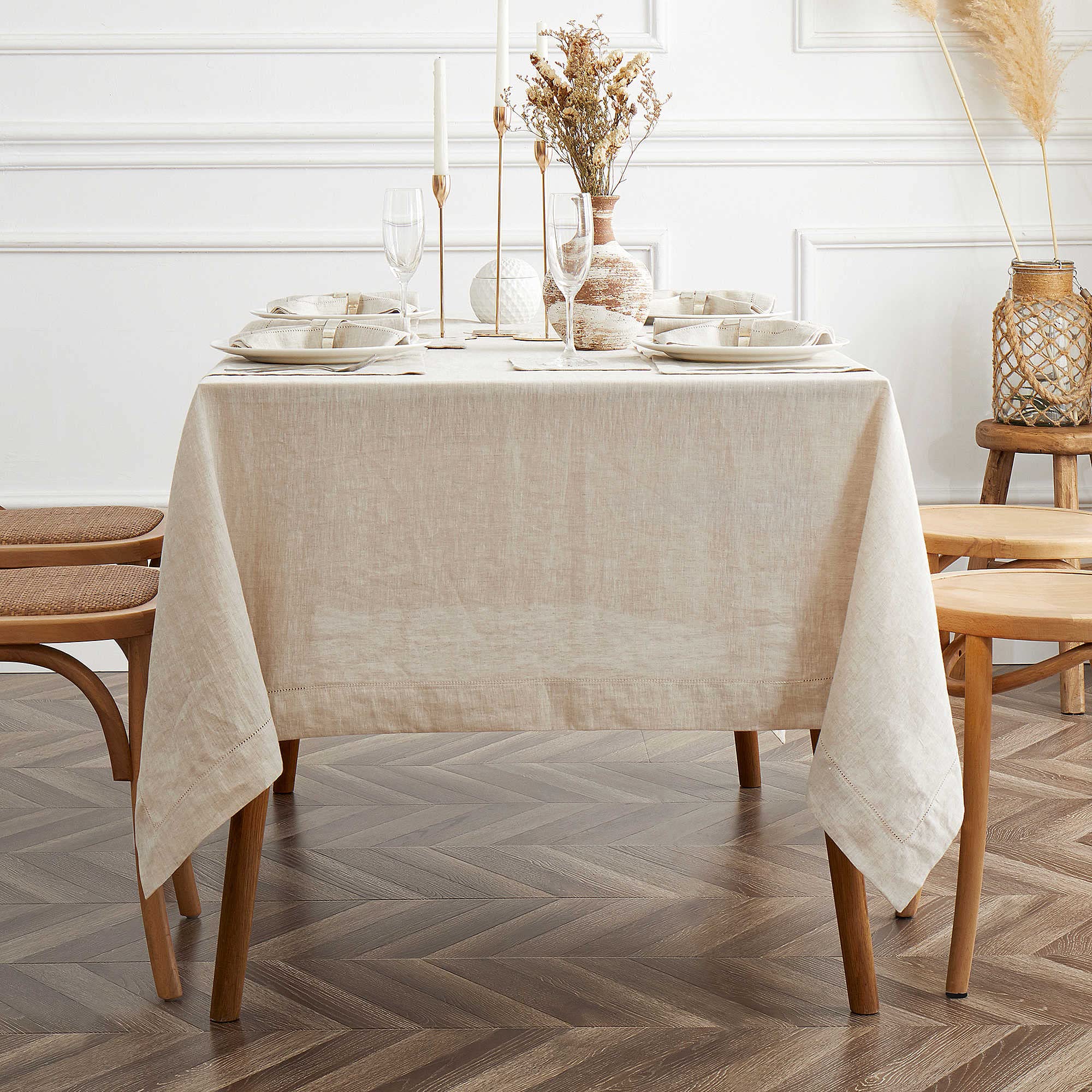 60 x 102 Inch Hemstitch Tablecloth - Washable Rectangular Linen Table Cover for Farmhouse, Kitchen, Dining, Outdoor | Perfect for Easter, Thanksgiving, Weddings & Party Decorations | Natural Burlap Fabric