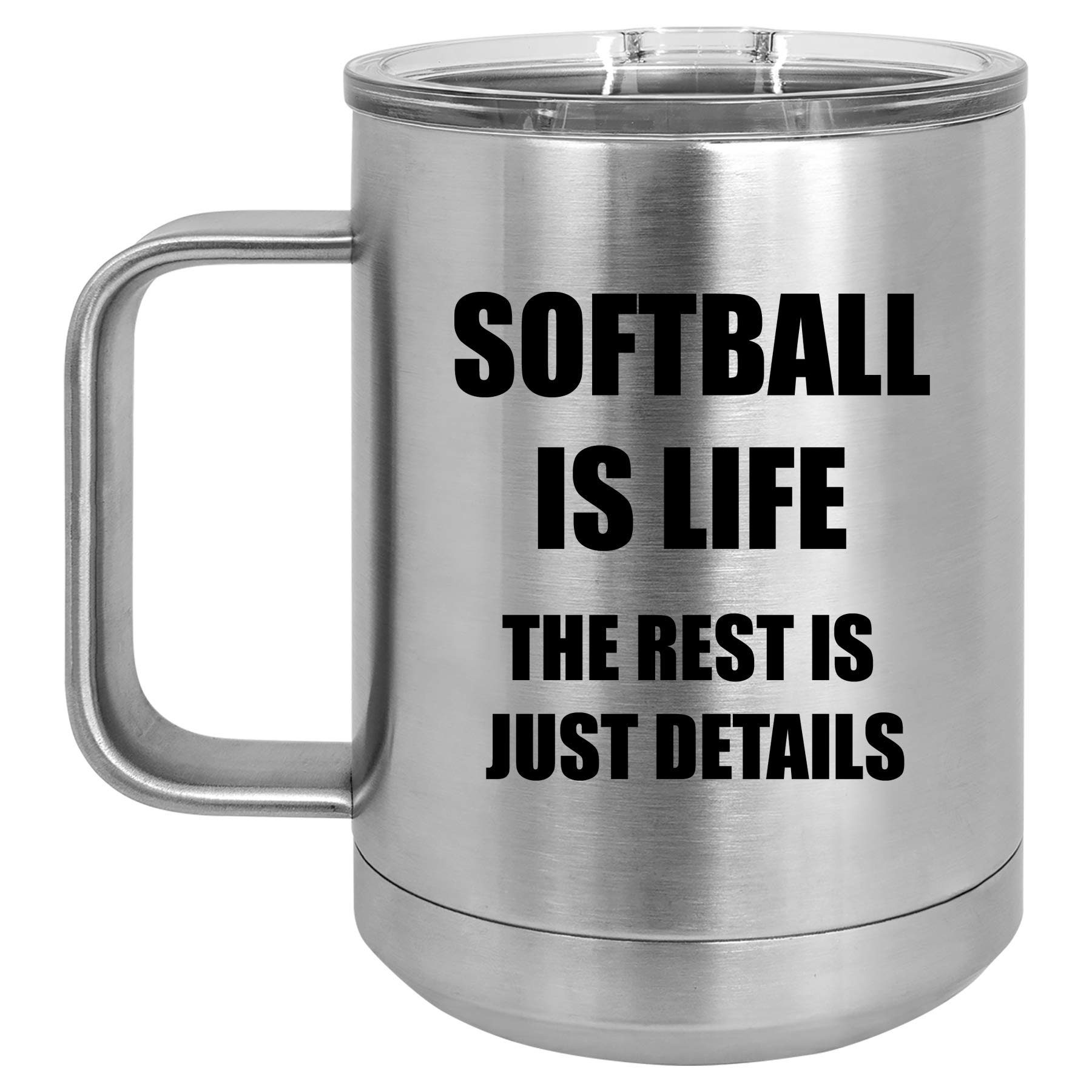 15 oz Vacuum Insulated Stainless Steel Tumbler with Handle & Lid - Leakproof Travel Coffee Mug for Hot & Cold Drinks - Softball Themed Gift (Silver) - Perfect for Office, Commuting, Sports & Outdoor Activities