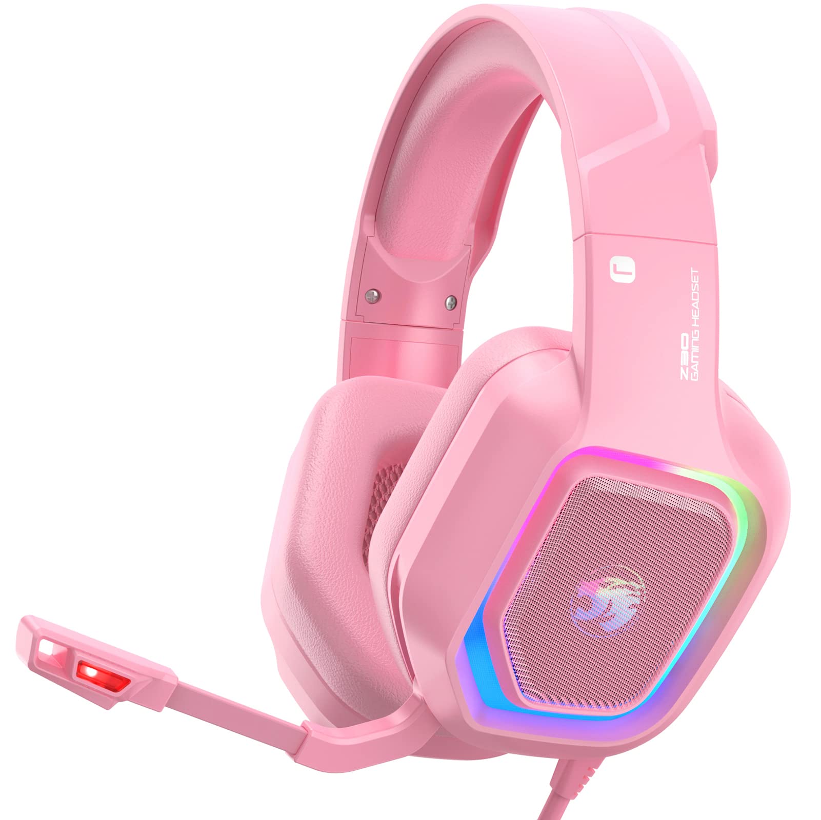 ZIUMIER Z30 Pink Gaming Headset - Wired Over-Ear Headphones with Noise Cancelling Mic, RGB LED Lights & Surround Sound for PS5, PS4, Xbox One, PC - Comfortable Earmuffs for Long Gaming Sessions (Pink)