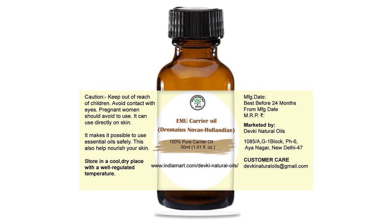 Pure & Undiluted DVNO Emu Carrier Oil for Skin Balancing, Moisturizing & Anti-Aging | Reduces Fine Lines & Wrinkles | 30ml | Perfect for Massage, Skincare & Hair Nourishment | Use for Daily Facial Care, Body Moisturizer & Aromatherapy