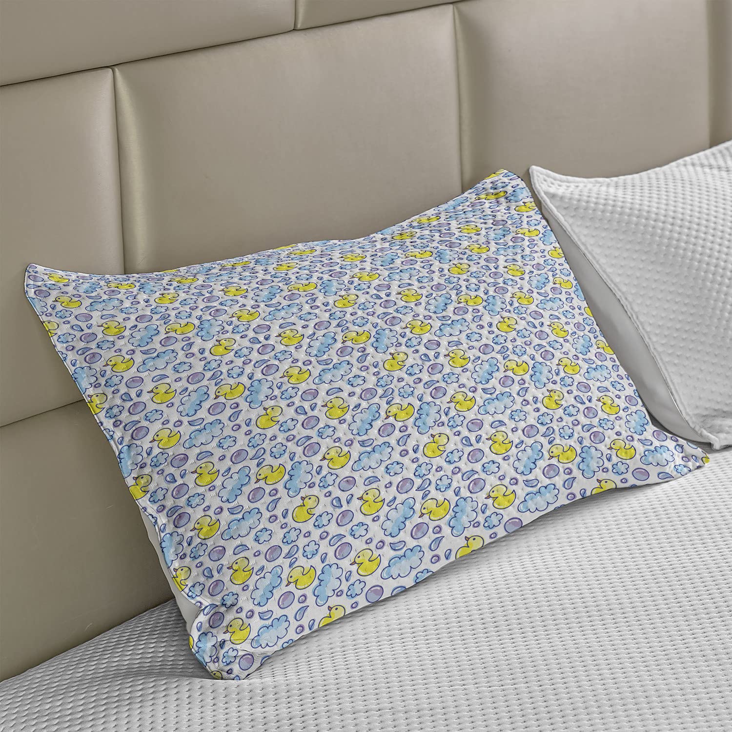Ambesonne Cartoon Knitted Quilt Pillow Cover - Washing Time Themed with Soap Bubbles, Water Droplets & Duck Pattern - Standard Queen Size (30x20 Inches) - Yellow, Lilac & Blue - Soft Bedroom Decor for Kids Room, Nursery or Cozy Living Space