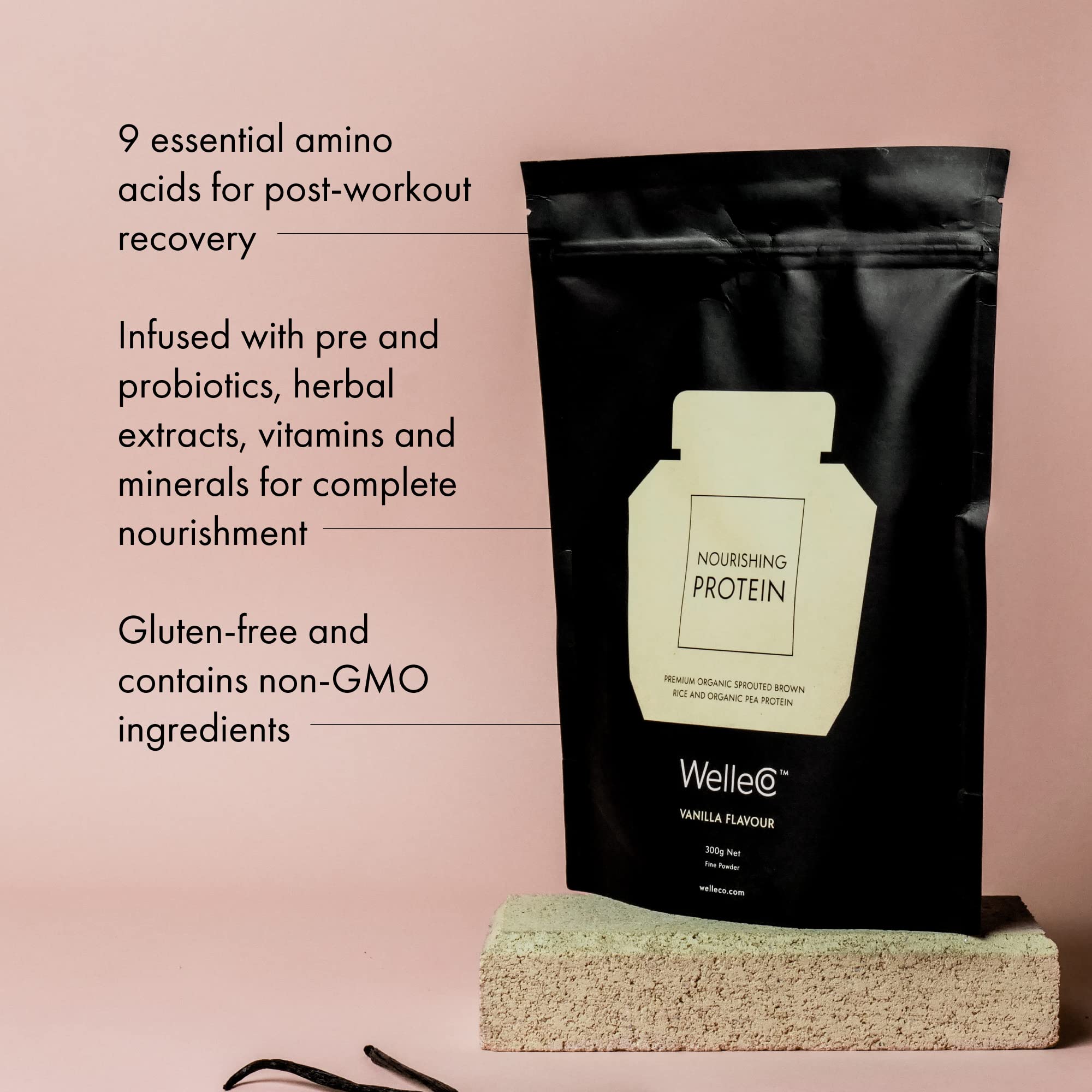 WelleCo Vegan Protein Powder - Organic Sprouted Brown Rice & Pea Protein Blend | Gluten Free, Low Carb, Dairy Free | 16g Protein Per Serving | Vanilla Flavor | 35.2oz Pouch | Supports Energy & Muscle Recovery | Perfect for Post-Workout, Smoothies & Healthy Breakfasts