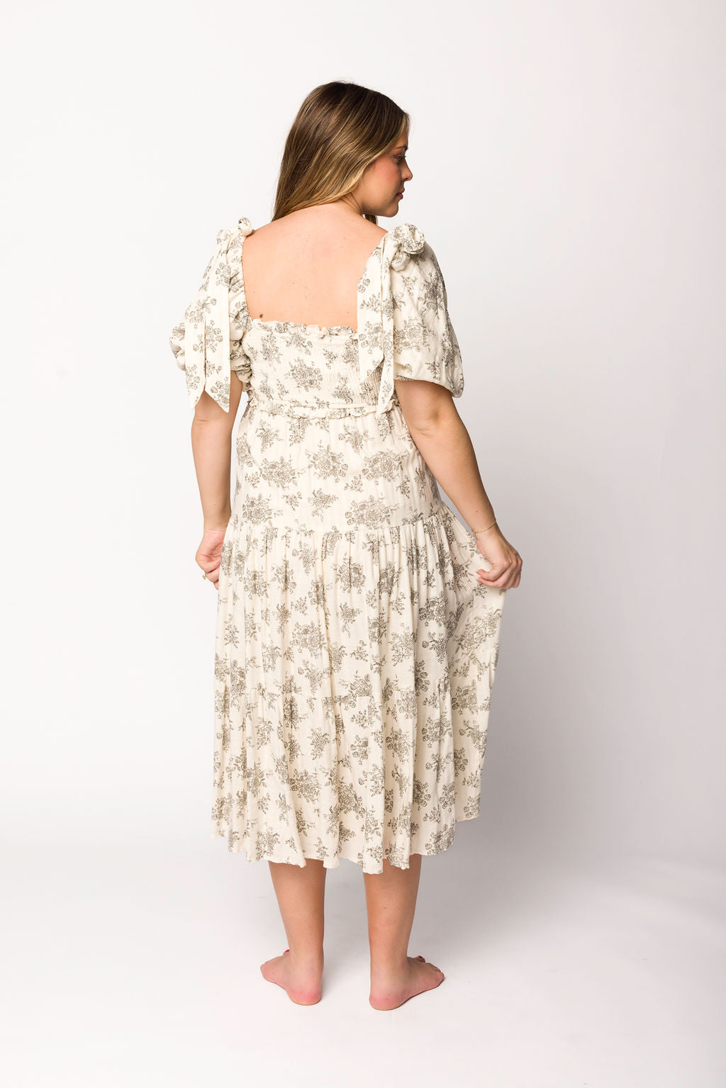 Elena Floral Toile Print Smocked Maternity Midi Dress in Ivory - Bump Friendly Summer Dress for Baby Shower, Brunch & Special Occasions