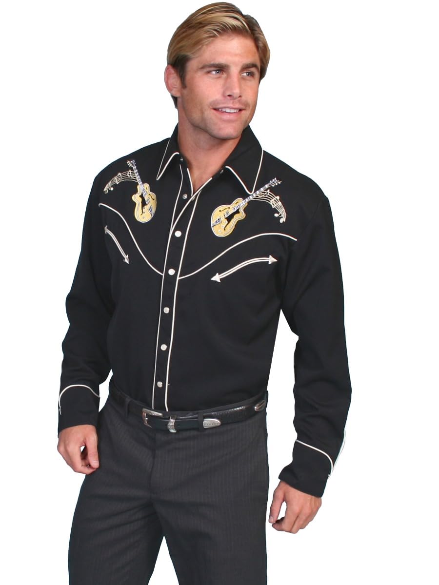 Scully Black Rock N Roll Embroidery Men's Long Sleeve Snap Button Western Shirt P-665 | Vintage Style Cowboy Shirt for Concerts, Rodeos & Casual Wear