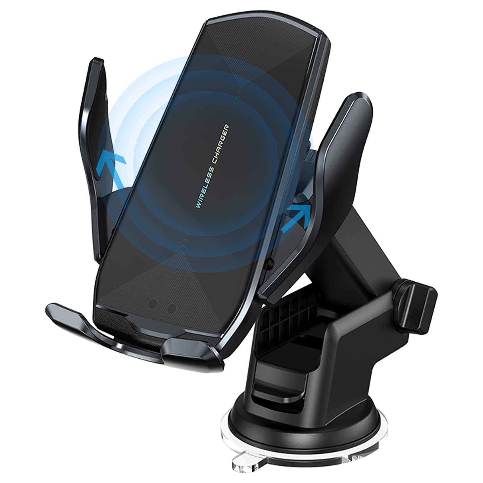 15W Qi Fast Wireless Car Charger Mount - Auto-Clamping Phone Holder for iPhone 13/12/11, Samsung S20/S10/S9/S8, LG - Air Vent, Windshield & Dashboard Mount with Long Arm & Suction Cup - Perfect for Commuting, Road Trips & GPS Navigation