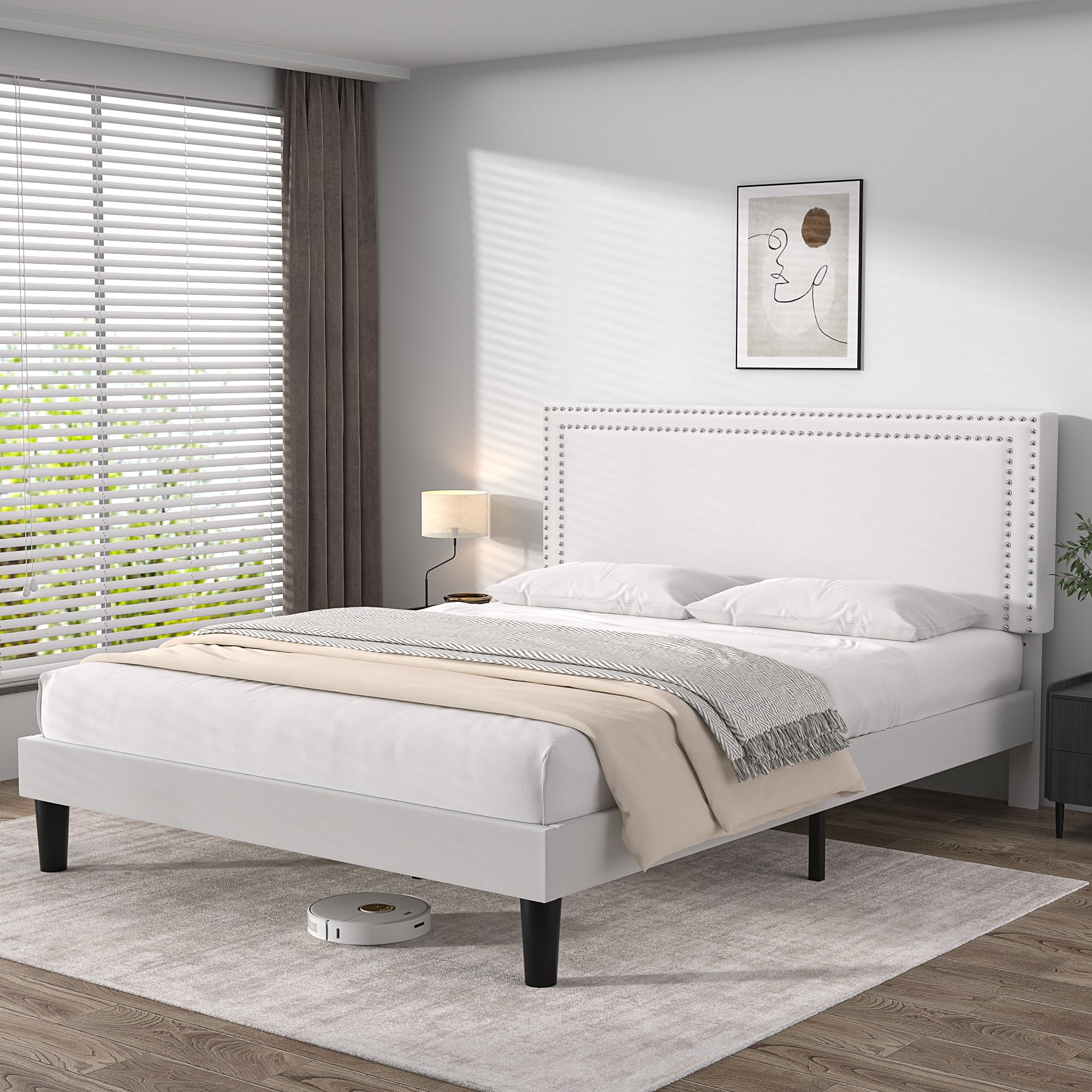 VECELO Full Size Platform Bed Frame with Adjustable Upholstered Headboard - Modern Wood Slat Support, No Box Spring Needed - Easy Assembly Bedroom Furniture for Small Spaces & Guest Rooms