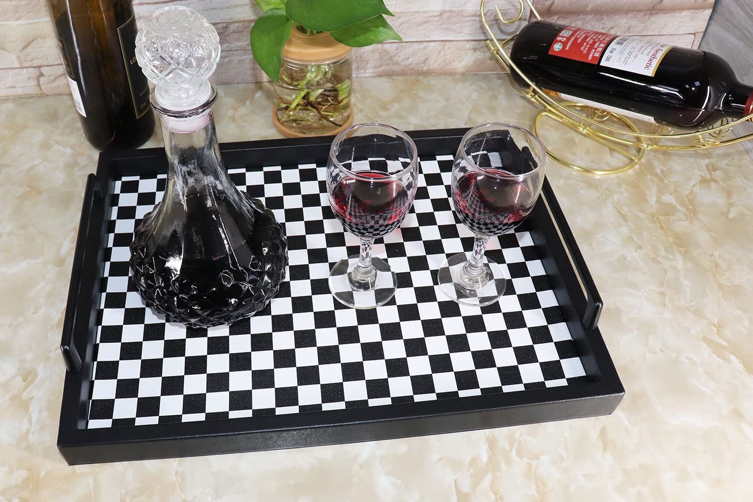 MCBZ Decorative Serving Tray - 16.5 x 12.6 Inch Leather Ottoman Tray with Metal Handles for Coffee Table, Living Room, Bedroom - Black and White Grid Pattern (Perfect for Breakfast in Bed, TV Snacks & Home Decor)