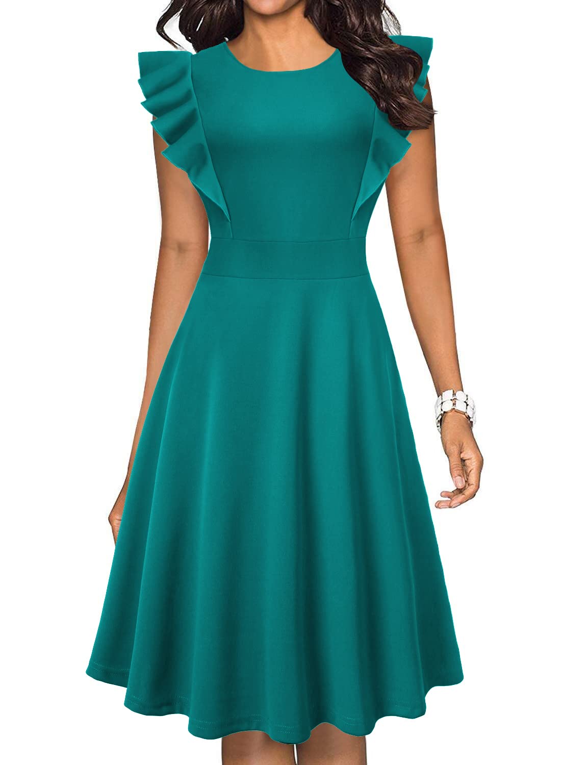 Vintage Floral Ruffle A-Line Swing Dress for Women - Elegant Cocktail Party Dress with Pockets | Perfect for Weddings, Date Nights & Special Occasions